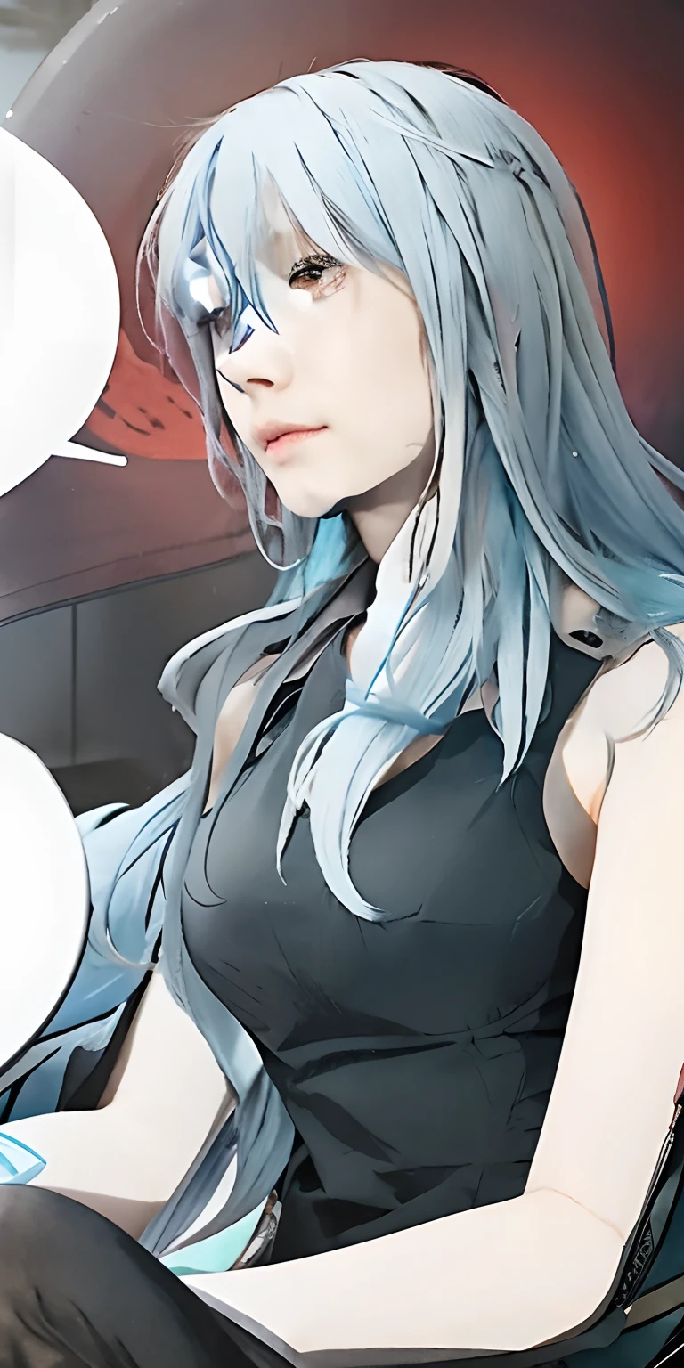 girl with long light blue hair sitting in a chair, profile shot of rimuru tempest,