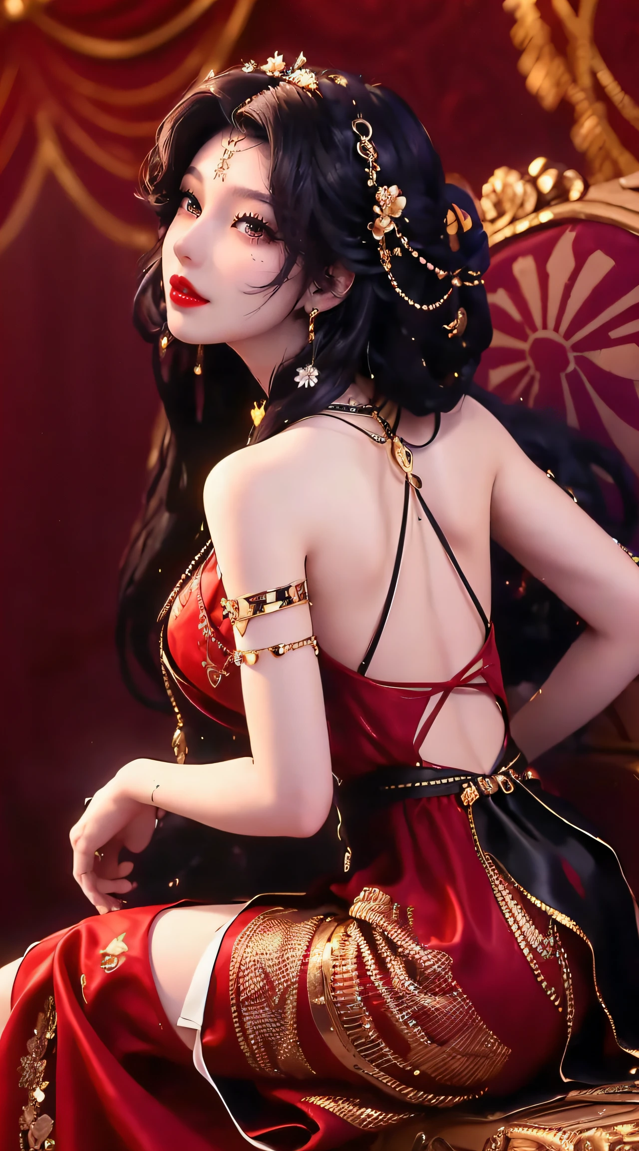 1 beautiful and sexy 20 year old girl, ((Wearing an ultra-thin red dress:1.6)), Diamond dress, ((Long purple-black hair:1.6)), bangs, Delicate jewelry made of stone Noble and beautiful hair, ((Wear a black lace necklace:1.4))), Noble, The noble style of extremely beautiful girls, Super cute little face, very pretty look face, Fur thin eyebrows, flawless and beautiful face, ((black eye pupil: 0.8)), verybeautifuleyes, ((Black eyes: 1.6)), Beautiful makeup and detailed hairstyle, eyeslashes, Moist eye makeup, High nose, Earrings, Red lips, ((Closed mouth: 1;5 )) Beautiful lips, Slim arms, The most beautiful thighs, ((Open your arms to the sides: 1.5) ), Rosy face, Clean face, Beautiful and immaculate face, Smooth white skin, (Big breasts: 1.5)), ((high breasts: 1.6) ), Firm breasts, Pretty big breasts, (((Large, round breasts: 1.8))), ((Ultra-firm breasts: 1.7)) , Beautiful breasts, Perfect body, (((Sitting position, Tilt your hands back and back :1.5))), ((Chest bulging : 1.5)), Don't be shy, 8K photos, Super high quality, Super realistic, More than 10x pixels, lightwave, Bright Studio, Bright edges, Two-tone lighting, (High detail skin:1.2), Super 8K , Soft light, High quality, volumettic light, lightwave, Optical high resolution, Light, best photos, 4K, 8K quality, blurry effect, Smooth clarity, 10 x pixels , ((Red flower background:1.5)), aurora, Lightning, ultra-realistic graphics, The most realistic graphics, Alone, Solo, Extremely sharp, surreal image, (((Frontal portrait : 1.6)))."
