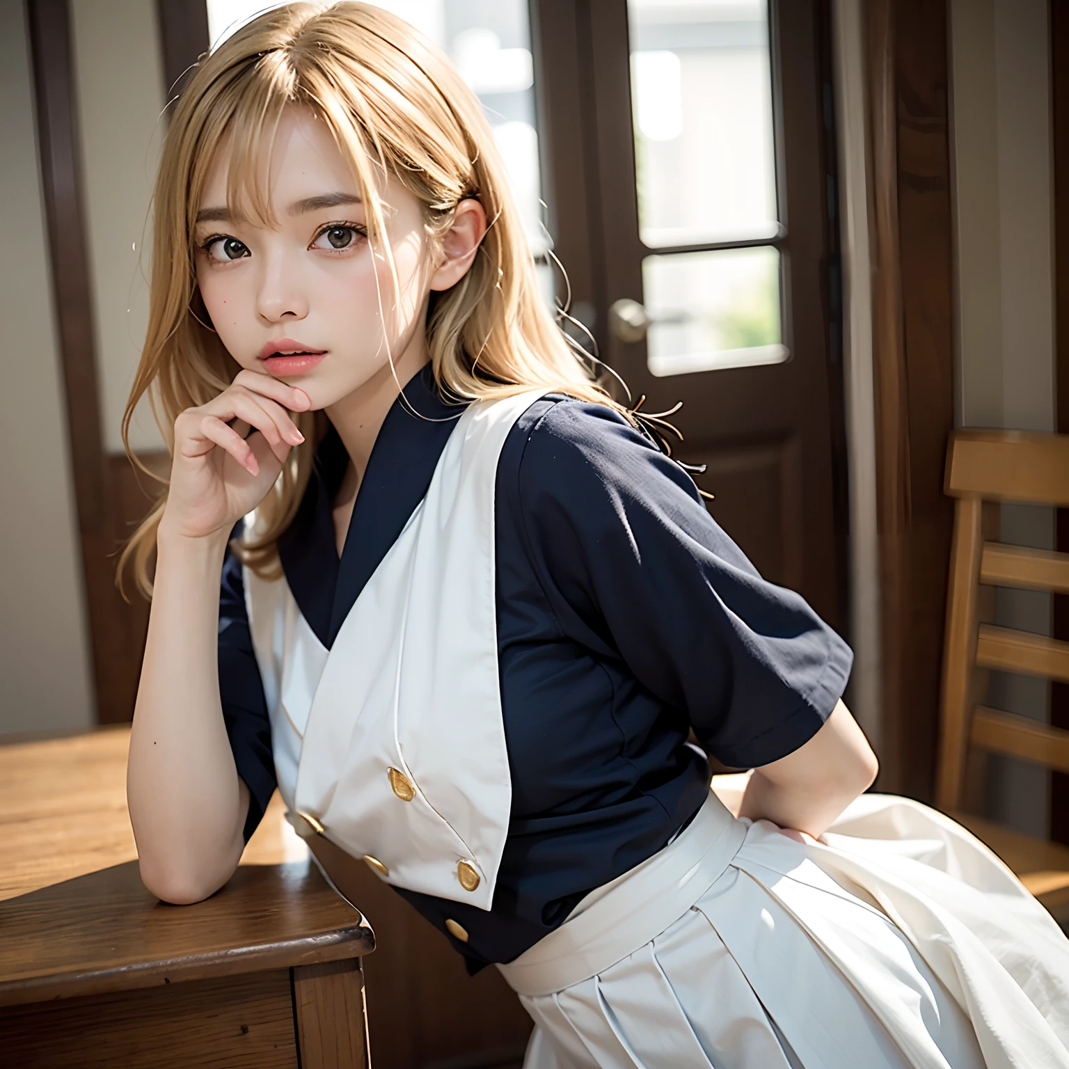 (masutepiece, Best Quality:1.2), 8K, Official art, Raw photo, Full Bord Bill Four、The front of the uniform is open、I have a bag、a blond、Going to school、Wagas、walk、Beautiful breasts are thin、years、small tits、unbelievable Ridiculous, (Upper body、校服:1.4), Beautiful Girl, Pretty Face, arching back down,、Gold hair ornament on hair、a blond、close up, Sailor Suit, Short sleeve, violaceaess, Teen, Looking at Viewer, Film grain, chromatic abberation, Sharp Focus, face lights, Dynamic lighting, Cinematic lighting, Eyes and faces with detailed, Bokeh background,