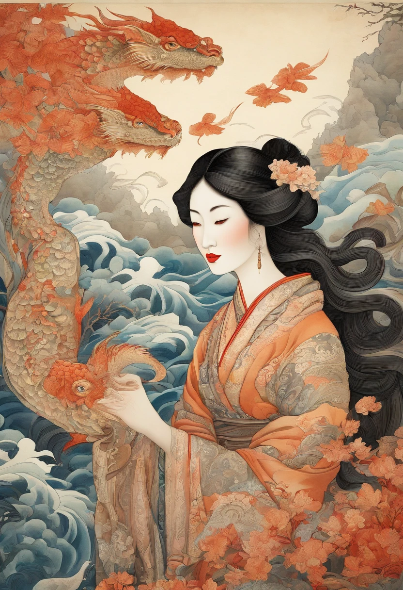 A Chinese woman and her dragon pets, bright lighting, flowering dress, intricate details, sharp focus, dynamic pose, complex background, fantasy landscape, light, intricate, filigree, clarity, dynamic lighting, clarity, high quality, sharp focus, realistic, beautifully painted, triadic colors, deep color, orange ratio, centered, symmetrical eyes, luminism, Hokusai Ukiyo e style wave. Chinese patterns.