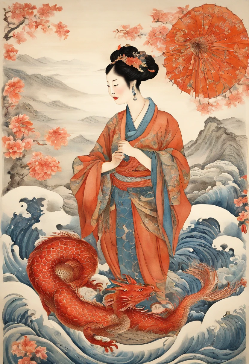 A Chinese woman and her dragon pets, bright lighting, flowering dress, intricate details, sharp focus, dynamic pose, complex background, fantasy landscape, light, intricate, filigree, clarity, dynamic lighting, clarity, high quality, sharp focus, realistic, beautifully painted, triadic colors, deep color, orange ratio, centered, symmetrical eyes, luminism, Hokusai Ukiyo e style wave. Chinese patterns.