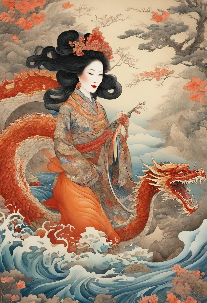 A Chinese woman and her dragon pets, bright lighting, flowering dress, intricate details, sharp focus, dynamic pose, complex background, fantasy landscape, light, intricate, filigree, clarity, dynamic lighting, clarity, high quality, sharp focus, realistic, beautifully painted, triadic colors, deep color, orange ratio, centered, symmetrical eyes, luminism, Hokusai Ukiyo e style wave. Chinese patterns.