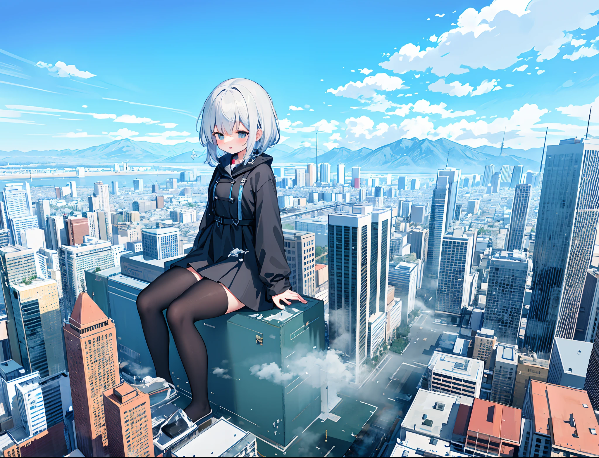 1girll,，Clouds， view over city， mountain ranges， Masterpiece, Best quality, Highly detailed,Masterpiece,Best quality,offcial art,Extremely detailed Cg Unity 8K wallpaper，{{{Giantess}}}，Giant，1girll，{Black stockings}，modern miniature city，A cold expression，Sit on a modern miniature city，Destroyed buildings，looking toward the viewer，The feet emit steam，Smash the city，