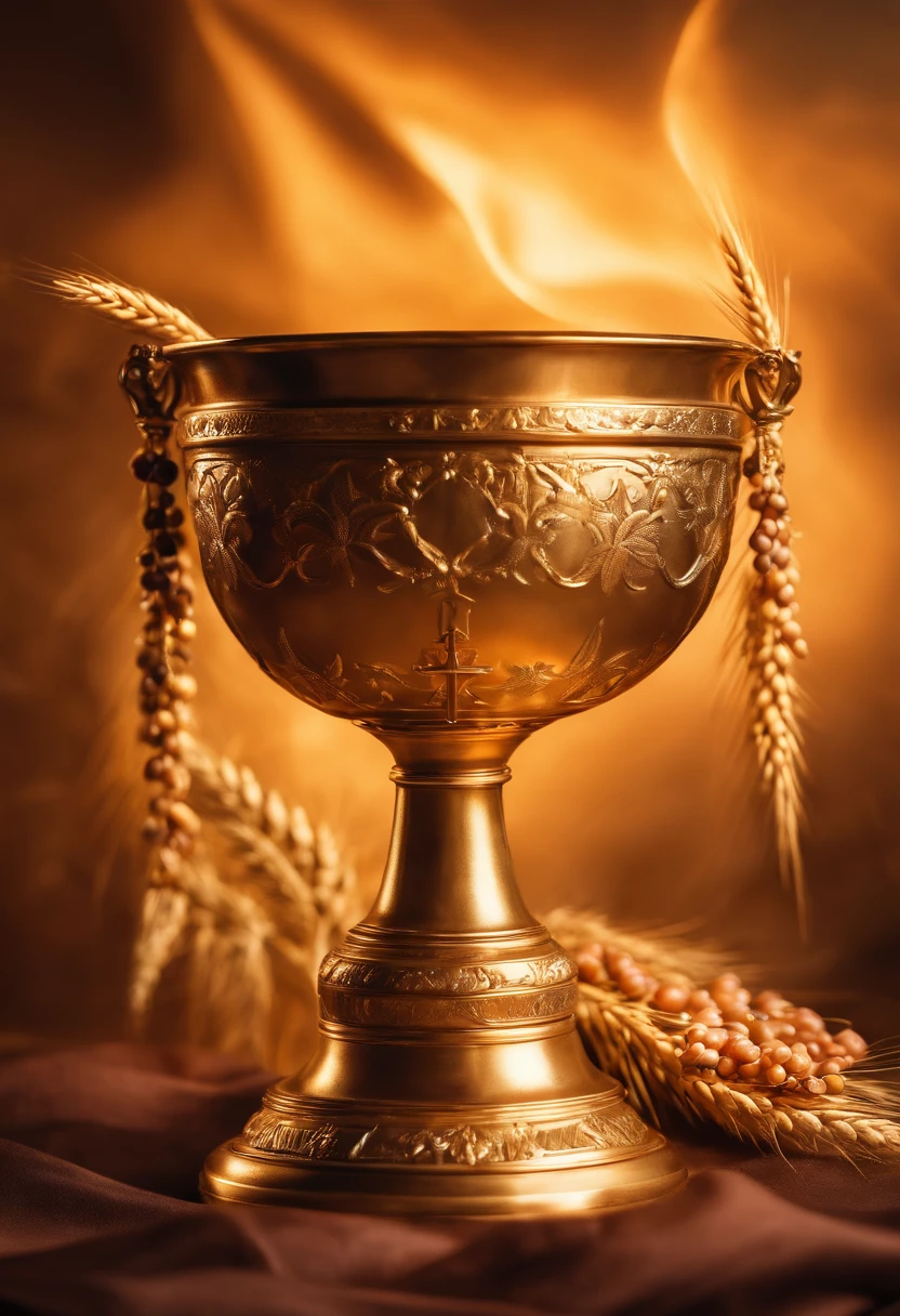 An image of a golden chalice with grapes and wheat, a digital rendering by Jan Henryk Rosen, instagram, Renascimento, sacramento, imagens sagradas, O Santo Graal, " golden chalice, Holy, ❤🔥🍄🌪, Catholic, overturned chalice, santo e sagrado, holy themed, foto de perfil, Ad image, holy flame spell, for junior