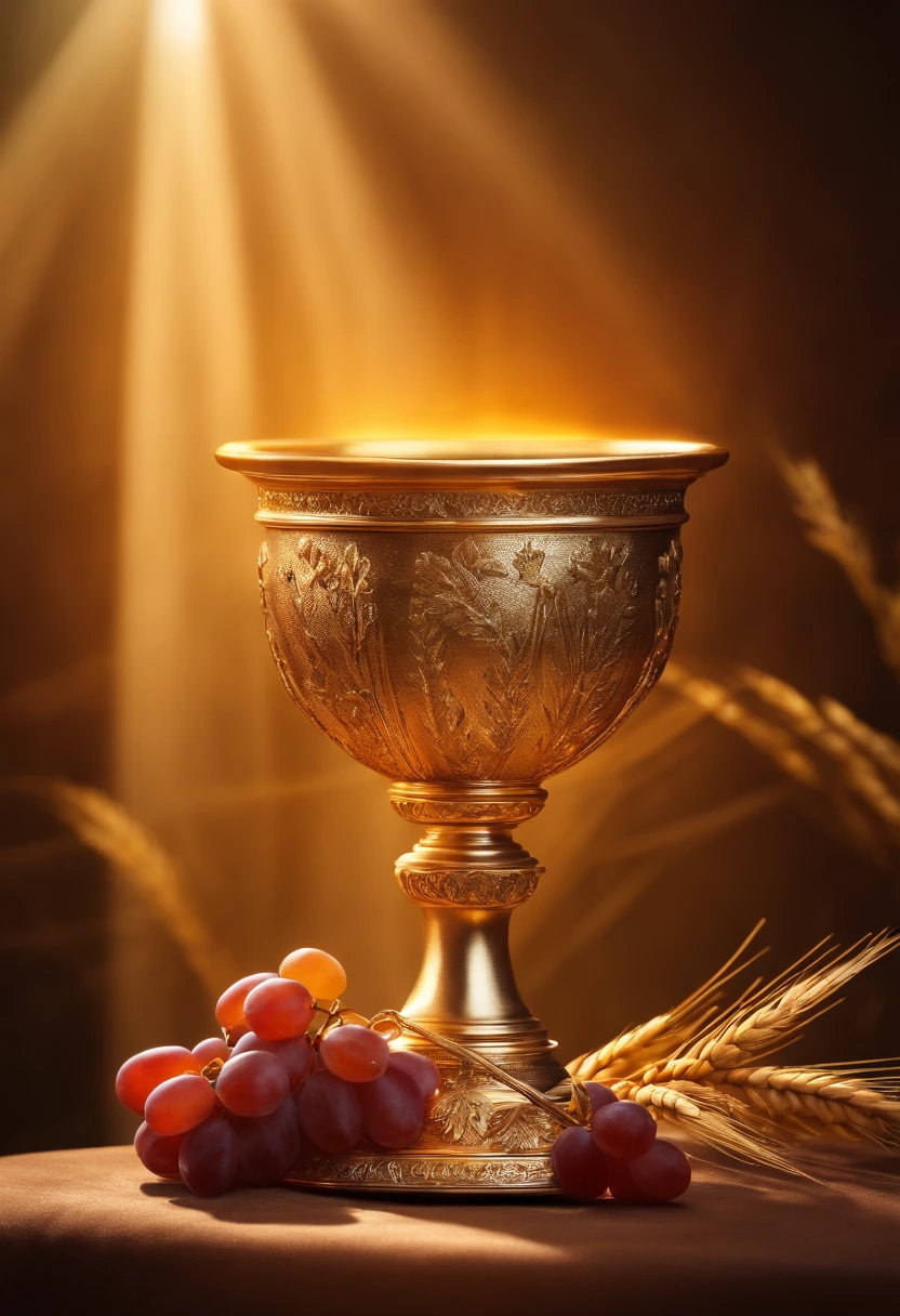An image of a golden chalice with grapes and wheat, a digital rendering by Jan Henryk Rosen, instagram, Renascimento, sacramento, imagens sagradas, O Santo Graal, " golden chalice, Holy, ❤🔥🍄🌪, Catholic, overturned chalice, santo e sagrado, holy themed, foto de perfil, Ad image, holy flame spell, for junior