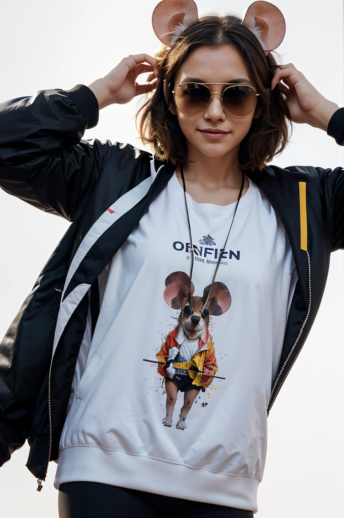Perfect centering, Cute mouse, Wear a student team jacket, Wearing sunglasses, Wearing headphones, cheerfulness, Standing position, Abstract beauty, Centered, Looking at the camera, Facing the camera, nearing perfection, Dynamic, Highly detailed, smooth, Sharp focus, 8K, high definition resolution, illustration, Art by Carne Griffiths and Wadim Kashin, white background