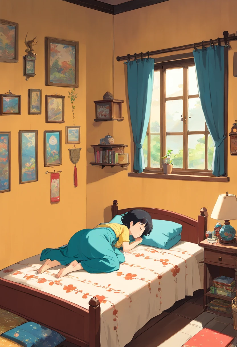 natta,Zhuang style room,There are beds,There was a little boy sleeping on the bed covered with a quilt,With his eyes closed,Short black hair,There is a table next to the window,