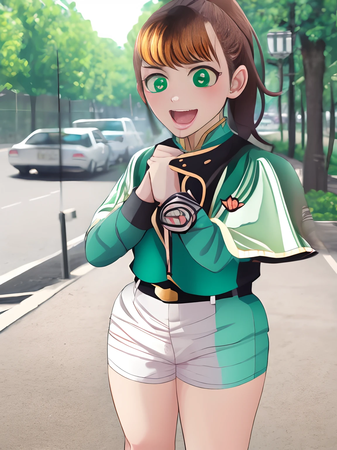 (masutepiece:1.1), (high resolusion:1.2), (Illustration:1.05), (ultra detailed 8k art:1.05),  (finely detailed beautiful eye), Perfect face, Bright pupils, Lustrous skin,  hayami_Sena ,Green eyes,Green shirt , Black_Belt bag, Green_Capelet, Green_Jacket, white_Shorts,, Long sleeves, fullllbody, blushed,  Looking at Viewer,  :D standing ,directly in front