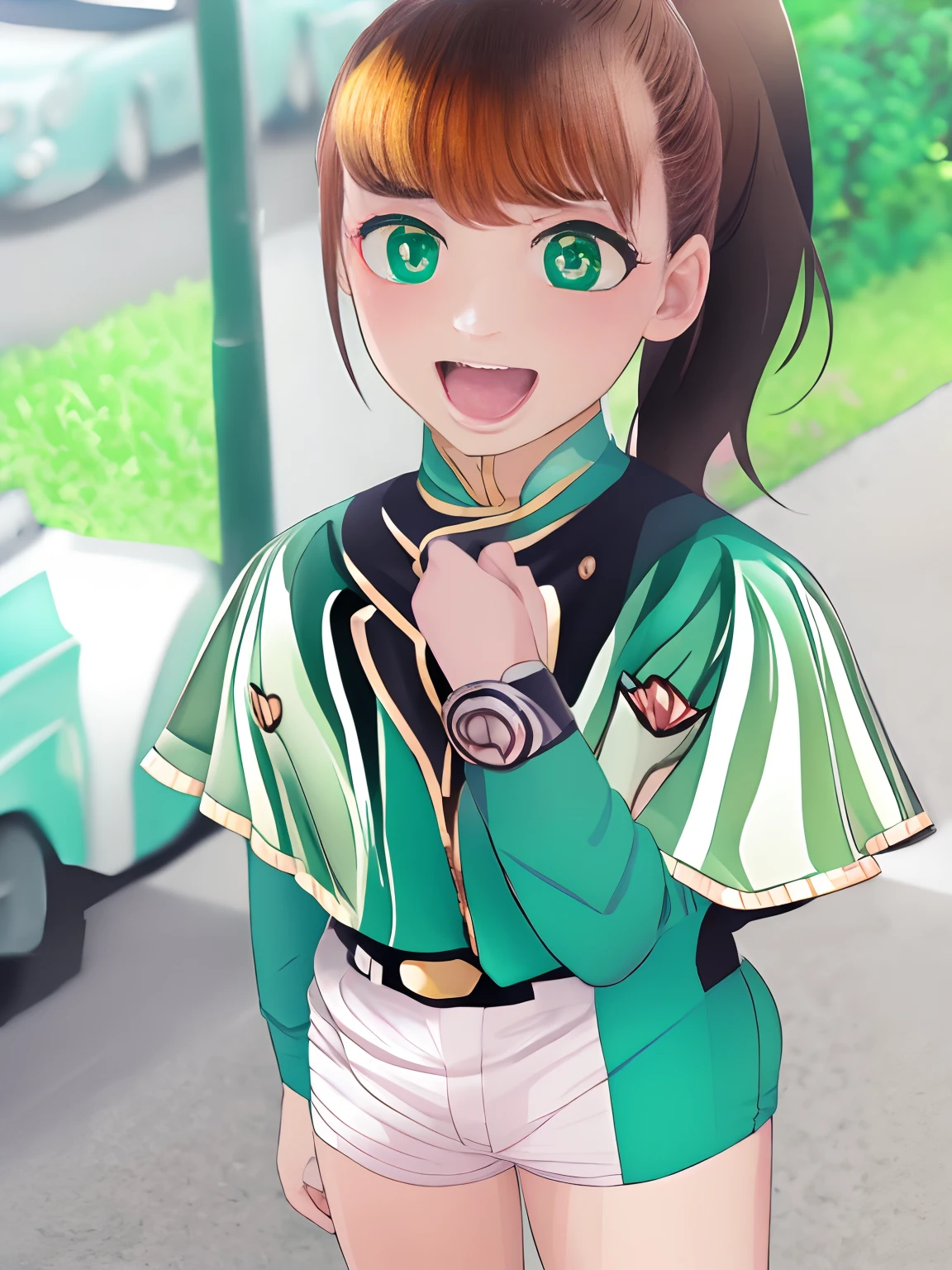 (masutepiece:1.1), (high resolusion:1.2), (Illustration:1.05), (ultra detailed 8k art:1.05),  (finely detailed beautiful eye), Perfect face, Bright pupils, Lustrous skin,  hayami_Sena ,Green eyes,Green shirt , Black_Belt bag, Green_Capelet, Green_Jacket, white_Shorts,, Long sleeves, fullllbody, blushed,  Looking at Viewer,  :D standing ,directly in front