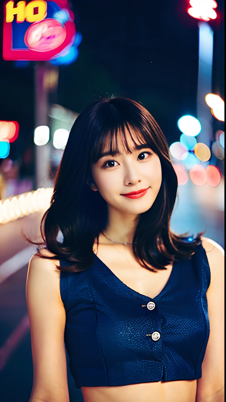 top-quality、One Beautiful Girl、nightcity、camisole、huge tit,35mm lens,Cowboy Shot、smil