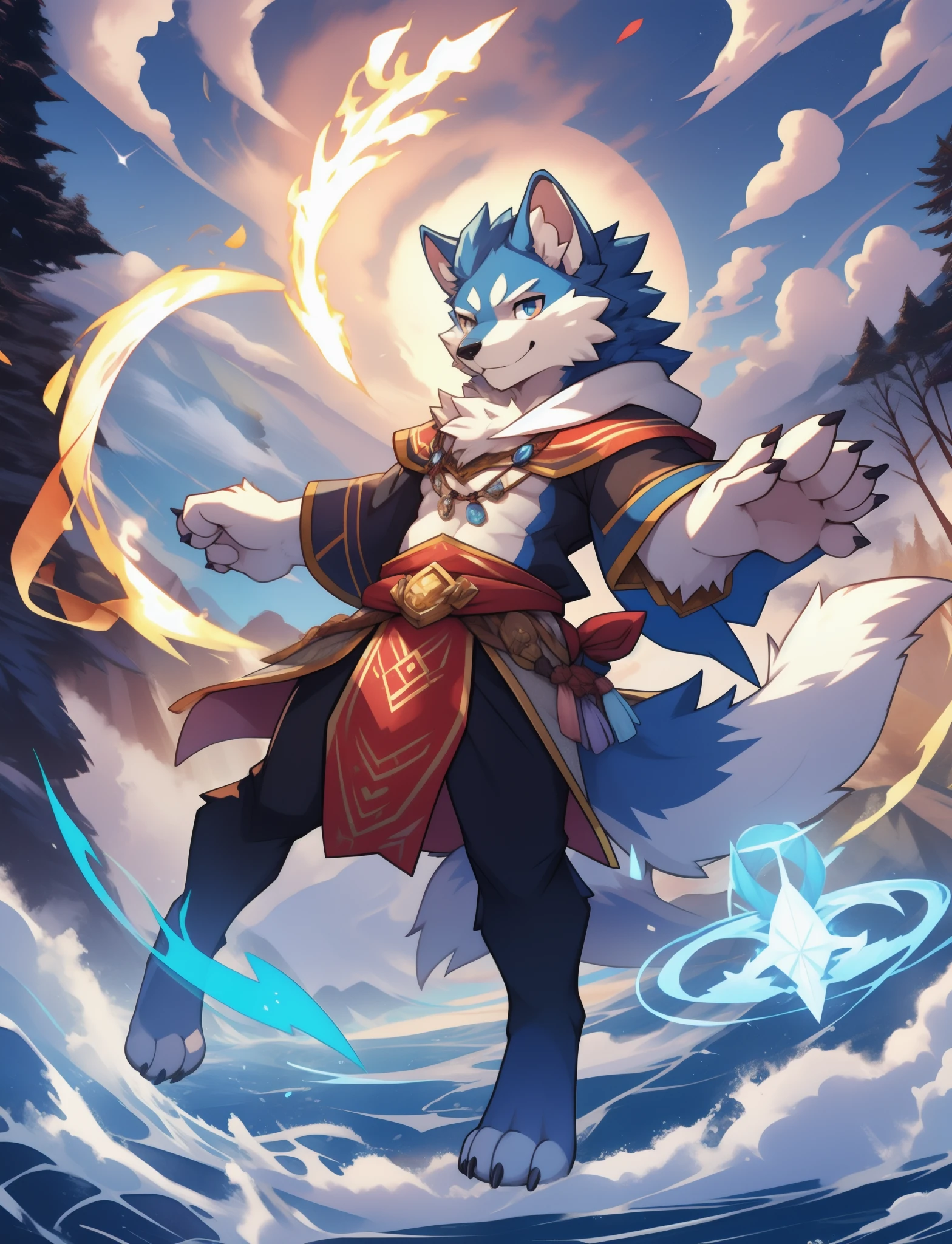 An anthropomorphic furry fursona with a blue-furred ferret, usando magia salvaje