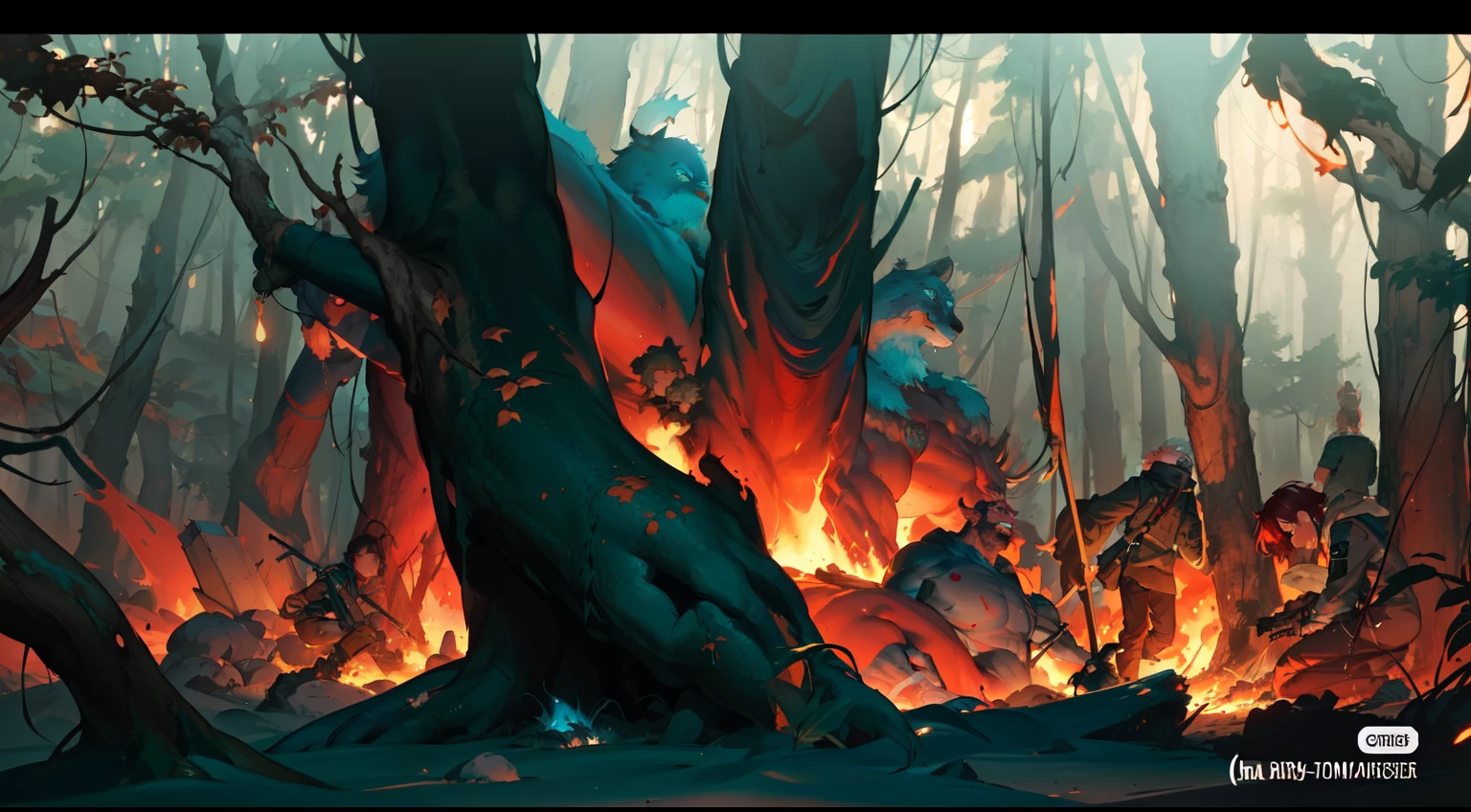 Close-up of forest cartoon against fire background, bob larkin and tomer hanuka, krenz cushart and artem demura, laurie greasley and james jean, greg rutkowski and krenz cushart, michael whelan and tomer hanuka, krenz cushart and asher duran