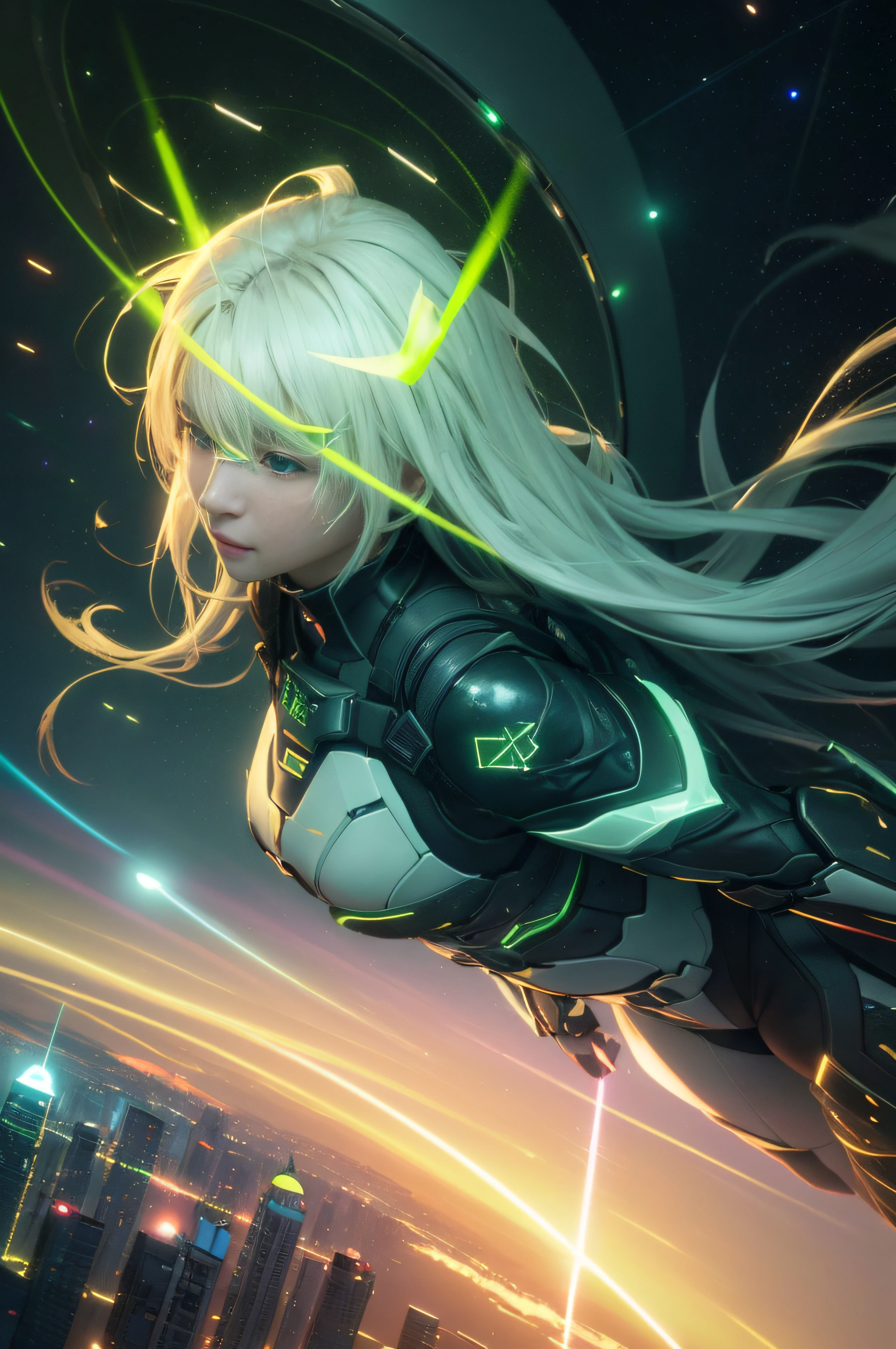 RAW image quality、8K分辨率、Ultra-detailed CG footage、Girl flying over futuristic city、(flight:1.4)、(City of the Future:1.4)、(thick body:1.4)、(long Brond Hair:1.4)、green colored eyes、nffsw(HighDynamicRange)、Ray traching、NVIDIA RTX、Hyper-Resolution、Unreal 5、Sub-surface scattering、PBR Texturing、Postprocess、Anisotropy Filtering、depth of fields、Maximum clarity and sharpness、multi-layer texture、Albedo and specular maps、Surface Shading、Accurate simulation of light-matter interactions、 Octane Rendering、Two-tone lighting、Low ISO、White Balance、thirds rule、Wide aperture、8K Raw、Efficient Subpixel、sub-pixel convolution、(Luminescent particles:1.4)、{{​masterpiece、RAW image quality、top-quality、extremely details CG、Unity 8k Wallpapers、。.3D、cinematlic lighting、lensflare}}、