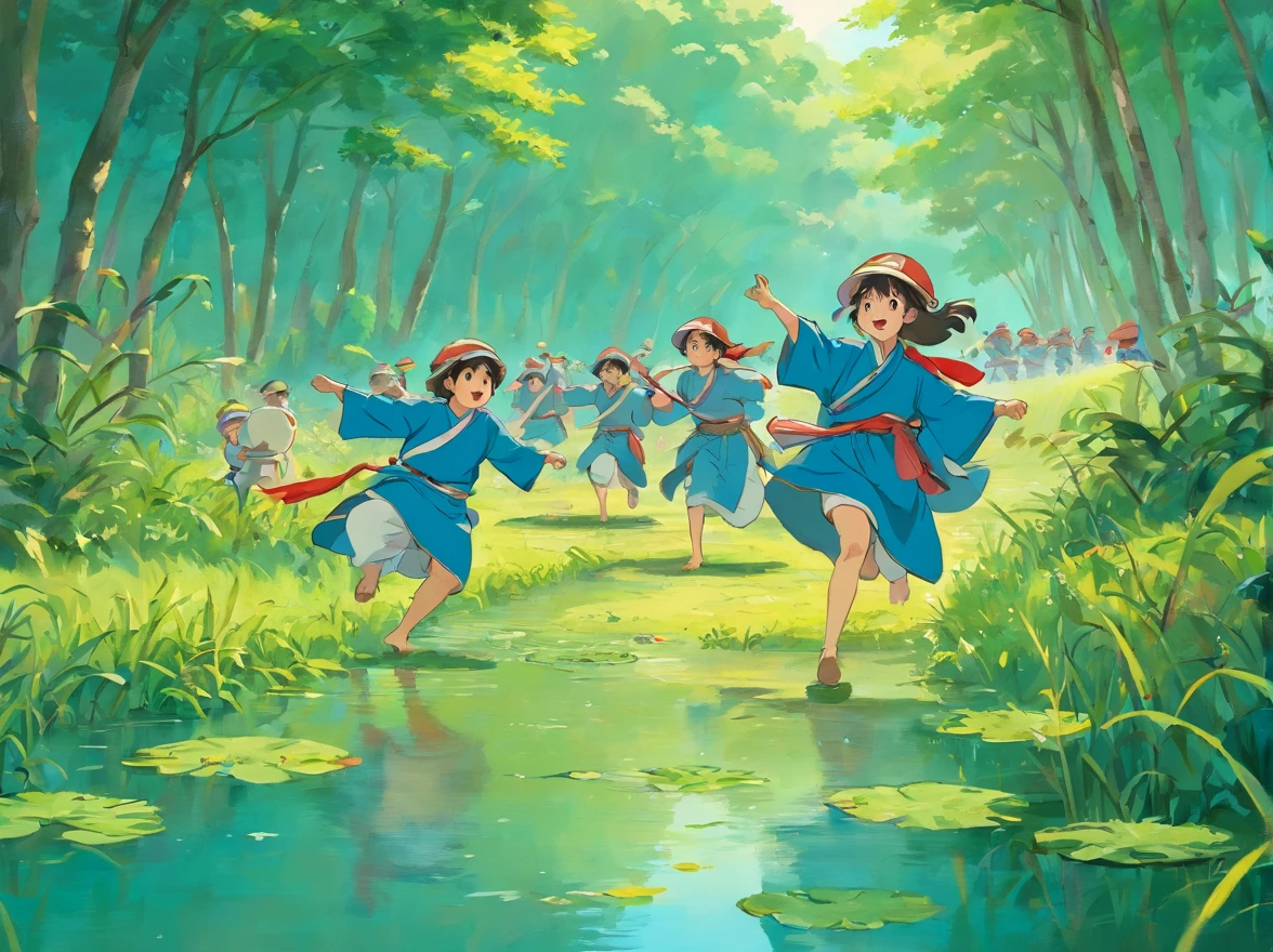 A group of Zhuang people catch frogs in the field,There are boys wearing blue Zhuang costumes,There are copper drums,Bunting