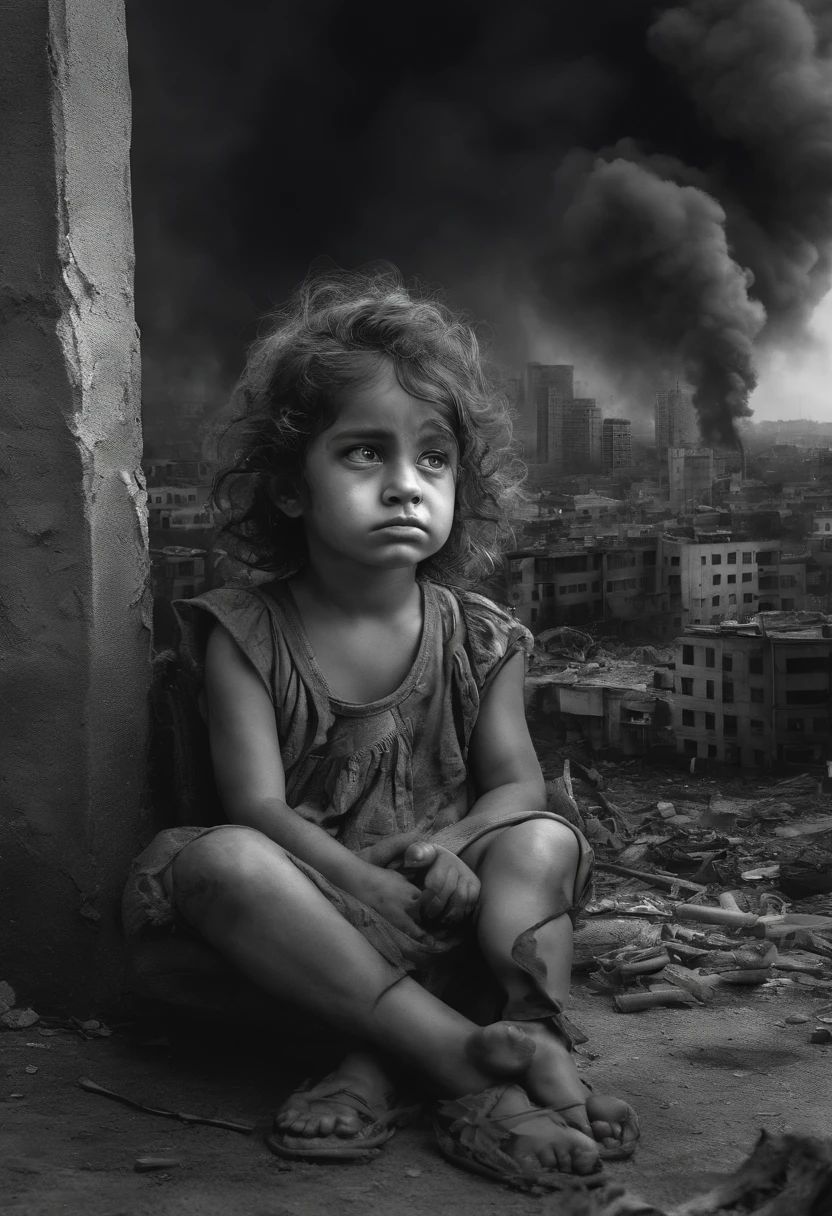 A surreal depiction of a girl, sitting sadly, in pain, (tearful eyes, face focused on the camera), a sense of disorder, a Palestinian, curly hair, dusty face and fabric, (a city in the background destroyed by fire, human bodies on the ground, some people crying, demolished buildings), ultra-detailed, vibrant colors, black and gray shadows, highly emotional imagery, surrounded by swirling black smoke against a dark and haunting background. The image must be in a captivating 16:9 format.