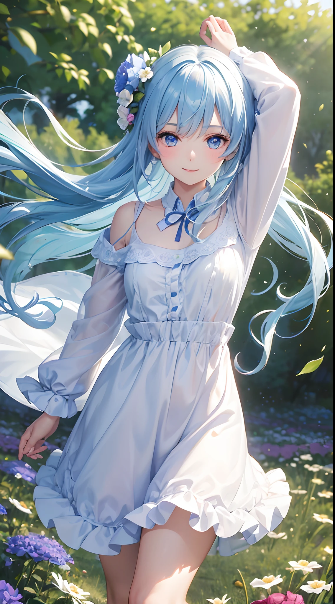 a women, blue hair, blue eyes, white dress
