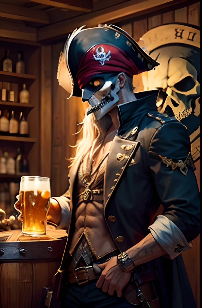 a pirate, Skull masked man holding beer mug in one hand, Drink beer with your mouth open, Champagne on a barrel, Drink happily, skull, captain, banquet, wall paintings, goblet, Lots of skull objects on the background, Skull Mark, Night Bar, Anime taste