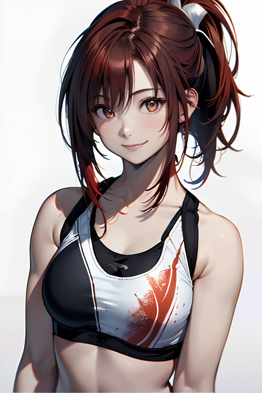 (Best Quality, 8K, Oil Painting, masutepiece:1.2), Ultra-detailed, (Realistic, Photorealistic:1.37), (((FULL BODYSHOT)))、Vibrant colors, (((A smile)))、(((Black Sports Bra)))、(((Sports bra with heart print)))、(((20Women of a certain age)))、(((slightly smaller breasts)))、 (((red hairs)))、(((Ponytail on the side)))、((( White background))), (((I have my mouth wide open)))、(((Girly Hairstyles)))、(((long)))、(((In front of a white wall)))、(((Point to the front with your index finger)))、(((Nothing on the top of the head)))、