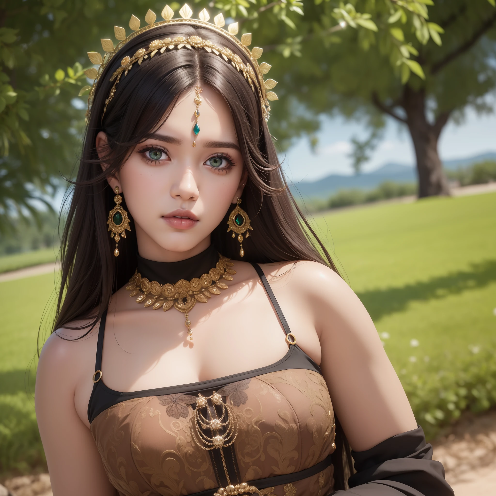 perfect green eyes, perfect face, perfect lighting, photoshoot, 1beautiful woman, brown skin, mature female wearing SSAHC, SSAHC, dark-skinned, colorful tribal dress, headdress, thick eyelashes, makeup, eyeshadow,black wavy hair, oasis, desert detailed outdoor background, ultra realistic, reflection, (masterpiece) ( Perfect proportions) (realistic photos) (highest quality) (detail) shot with Canon EOS R5, 50mm lens, f/2.8, HDR, (8k) (wallpaper) (movie lighting) (dramatic lighting) (sharp focus) (complex) fashion