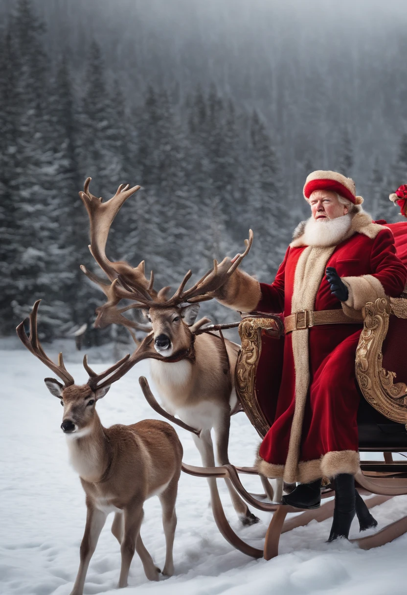 adesivo de desenho animado de Trump, vestido de pai natal, on a sleigh with 4 reindeer.
