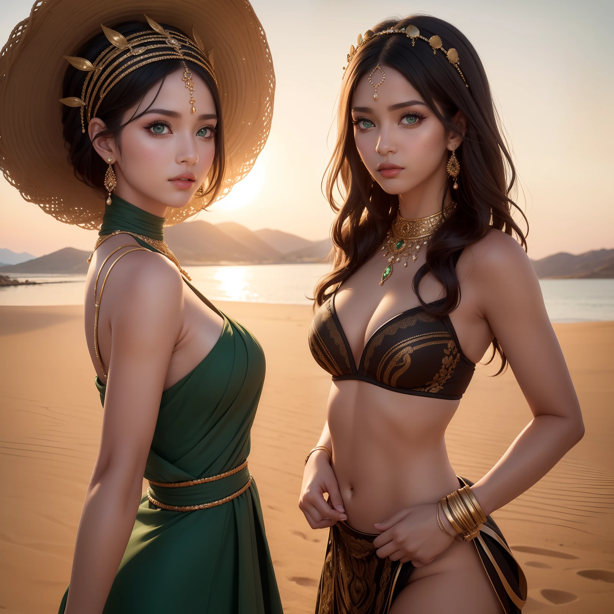 perfect green eyes, perfect face, perfect lighting, photoshoot, 1beautiful woman, brown skin, mature female wearing SSAHC, SSAHC, dark-skinned, colorful tribal dress, headdress, thick eyelashes, makeup, eyeshadow,black wavy hair, oasis, desert detailed outdoor background, ultra realistic, reflection, (masterpiece) ( Perfect proportions) (realistic photos) (highest quality) (detail) shot with Canon EOS R5, 50mm lens, f/2.8, HDR, (8k) (wallpaper) (movie lighting) (dramatic lighting) (sharp focus) (complex) fashion