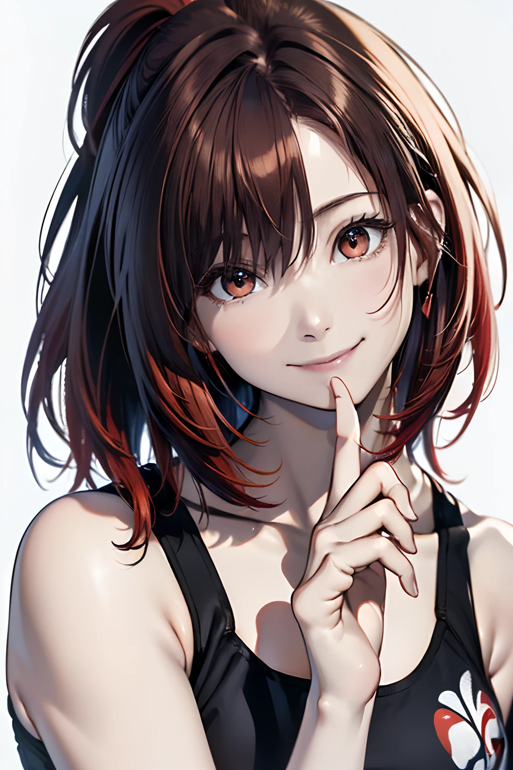 (Best Quality, 8K, Oil Painting, masutepiece:1.2), Ultra-detailed, (Realistic, Photorealistic:1.37), (((FULL BODYSHOT)))、Vibrant colors, (((A smile)))、(((Black Sports Bra)))、(((Sports bra with heart print)))、(((20Women of a certain age)))、(((slightly smaller breasts)))、 (((red hairs)))、(((Ponytail on the side)))、((( White background))), (((I have my mouth wide open)))、(((Girly Hairstyles)))、(((long)))、(((In front of a white wall)))、(((Point to the heavens with your index finger)))、(((Nothing on the top of the head)))、
