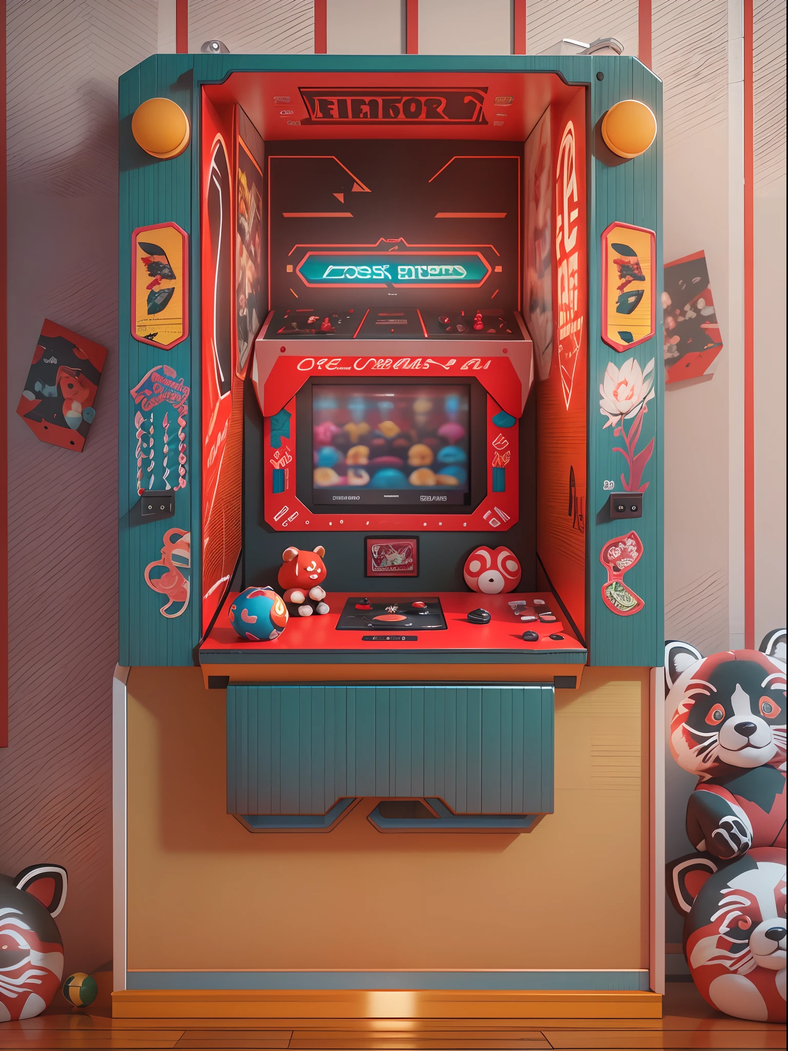 3D rendering of,Interior design,interiors,(An arcade machine:1.37),Red panda toys,Arcade room,Red theme,azuki style,fire theme ,Photorealistic,4K,High quality,rendering by octane,Unreal Engine 5,Global illumination,High brightness