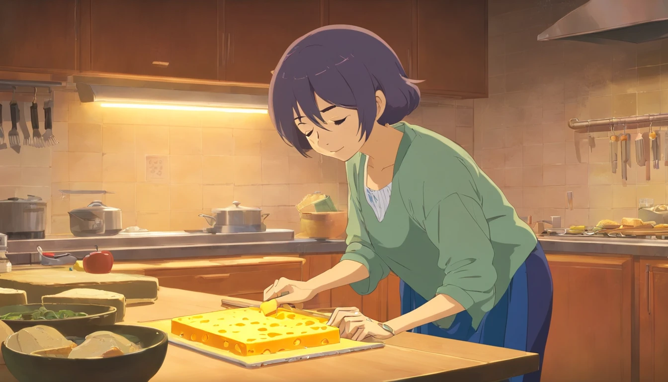 The old woman cuts cheese in the kitchen