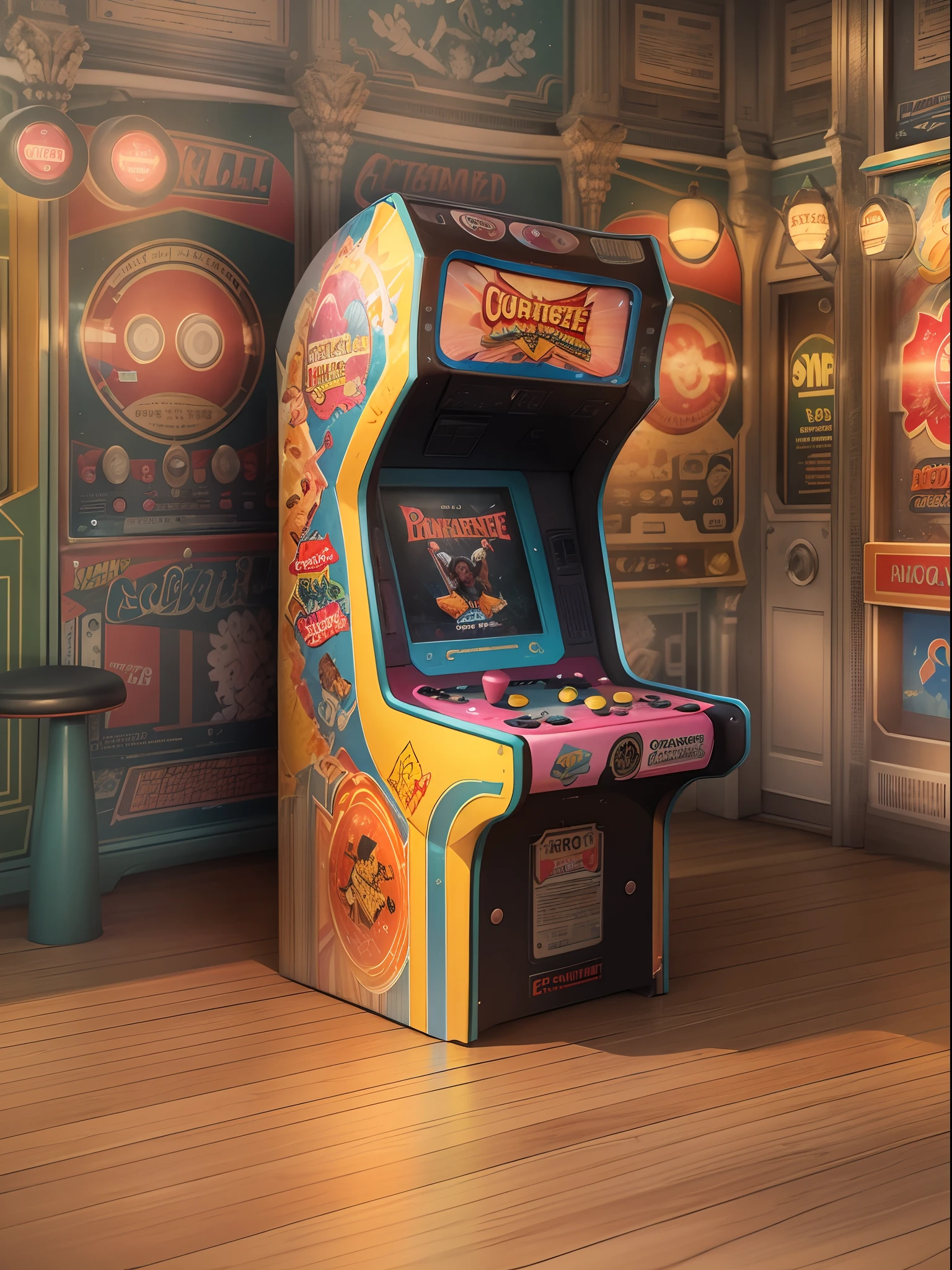 3D rendering of (1970s arcade close-up), (Arcade: 1.37), Game hall in the 1970s, (chair), {{Masterpiece}}, {{{Best quality}}}, {{Ultra-detailed}}, {{illustration}} {{Masterpiece}}, {{{Best quality}}}, {{Ultra-detailed}}, close up photograph,Caricature,Viscosity printing,sculpted,mid closeup,rays of shimmering light,