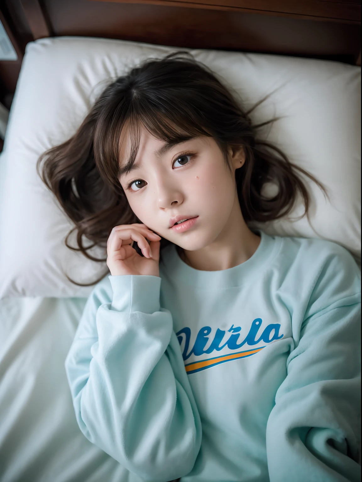 (best quality,8k,masterpiece:1.2), ultra-detailed, realistic, Japanese girl with a cute face, beautiful detailed eyes, expressive and melancholic facial expression, long eyelashes, wearing a loose T-shirt, lying face down on a modern bed, random hairstyle, in a fairytale-like room, cinematic lighting, photorealistic skin, captured with a Leica camera, vintage film vibe.cinematic, 35mm, photo --. niji 5 --ar 16:9 ---s 180