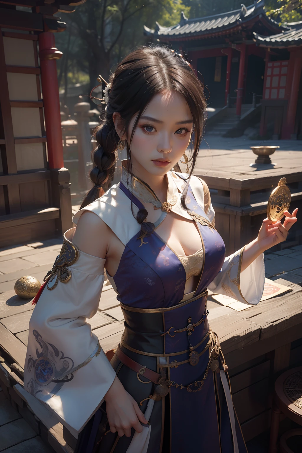 Best quality,masterpiece,ultra high res,(photorealistic:1.4),xiuxian,weapon,Detailed face,
1girl,solo,weapon,cleavage,(magic circle:1.2),xiuxian,upper body,Beautiful girl,full body,east asian architecture,sheath,architecture,