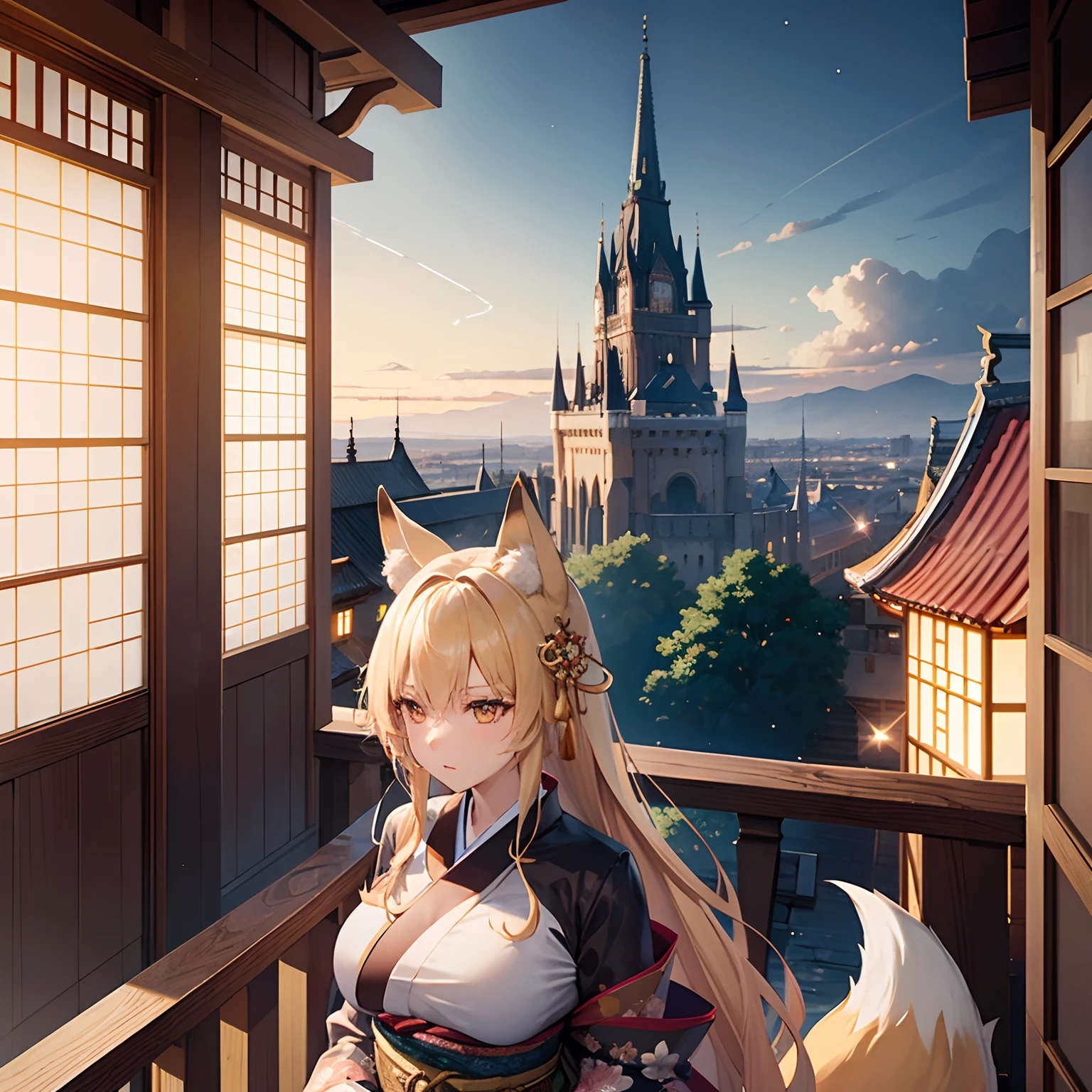 Focus on the landscape、Rainy landscape、View from the balcony of the castle、Golden Fox、Fox Maiden、a lot of big fox tails、Golden Eyes、length hair、Golden hair、a large amount of hair、1人の女性、adult lady、large full breasts、Thick kimono、Traditional kimono、Black kimono、Plum floral pattern、Overlapping kimonos、Big old castle、Western-style castle(European-style building、Western architecture、A building that feels the times)、High spire、Magic Light Effects、Fantastic atmosphere