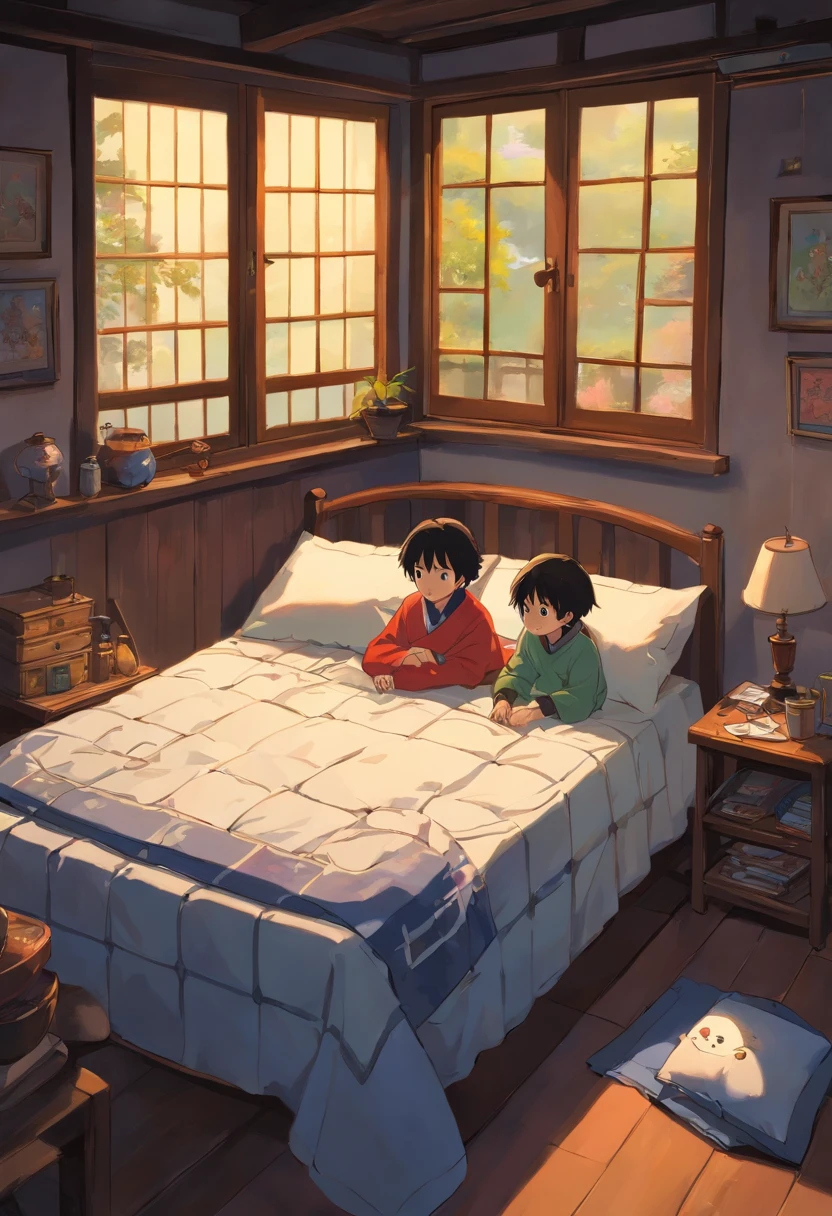 It was dark，Zhuang style room，There are beds，There was a little boy sleeping on the bed covered with a quilt，With his eyes closed，Short black hair，There is a table next to the window