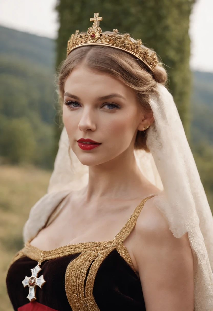 Germanic Queen Saint Mary of Nazareth Taylor Swift, zoom close body, German flag, big bust, golden cross pendant, big golden hoop earrings.