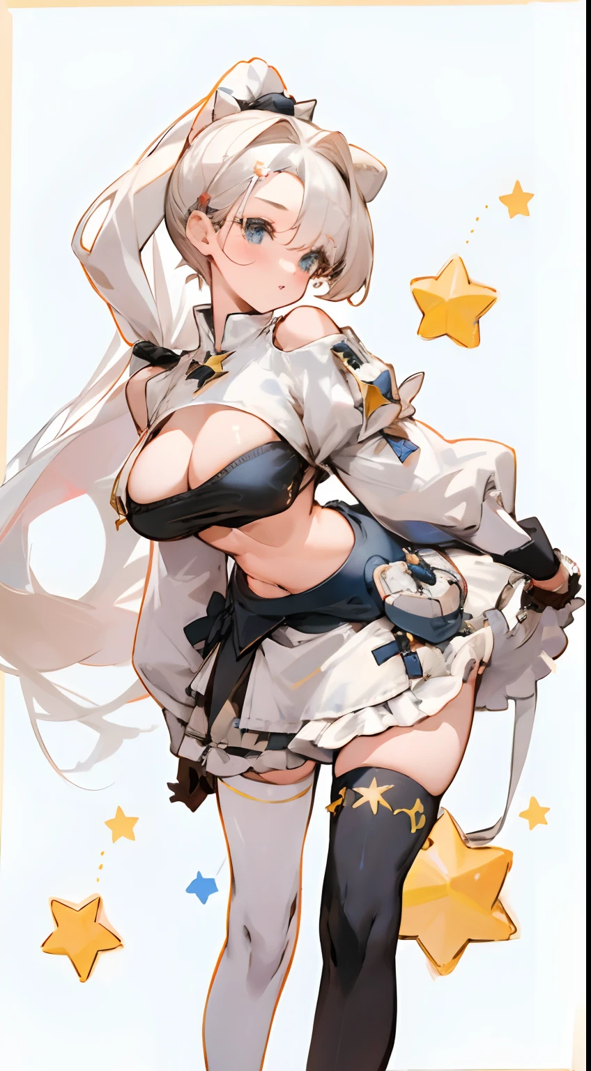 Bigboobs，cropped shoulders，White knee-length stockings，Lolita skirt，High ponytail，Stand up，Star decoration