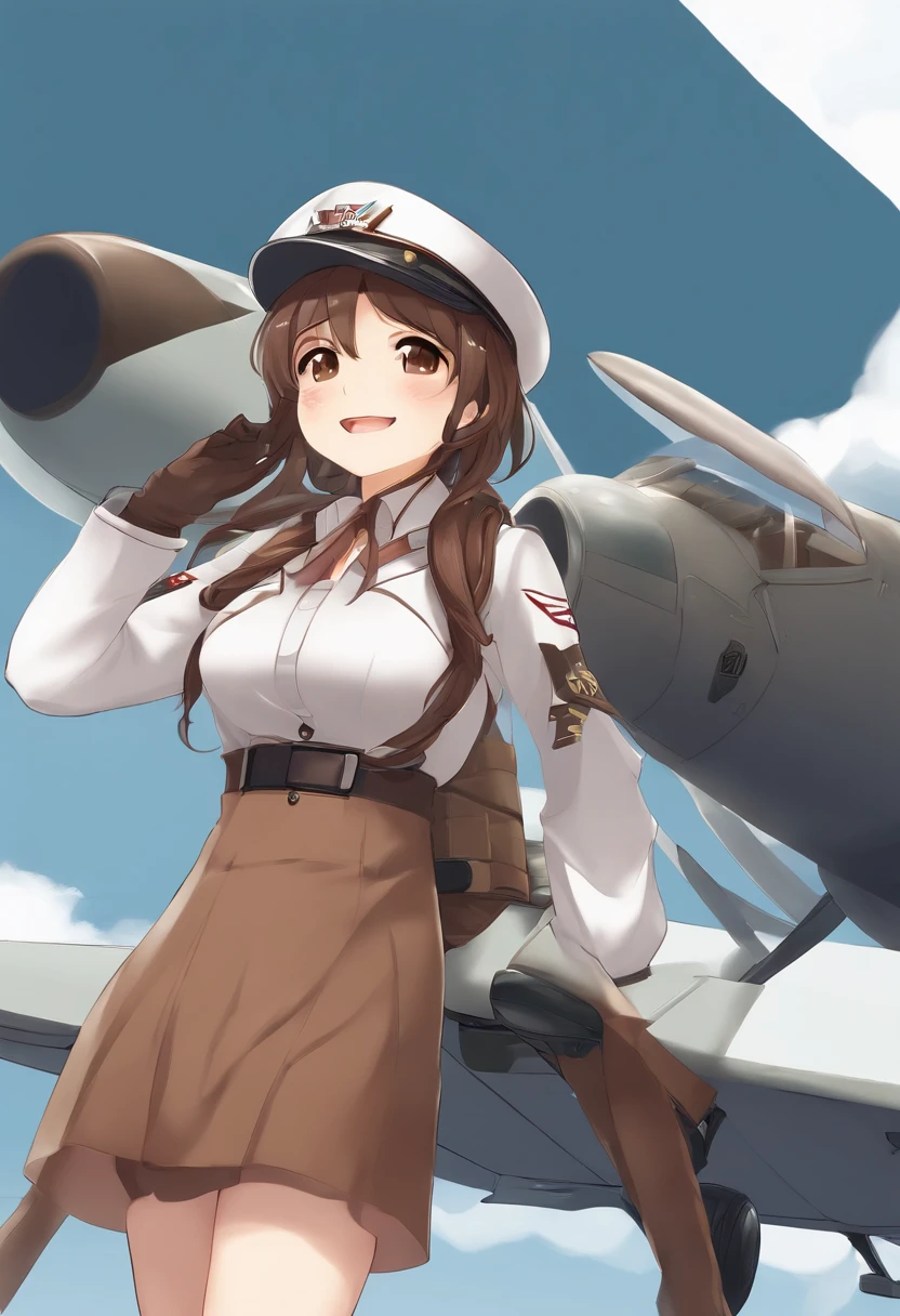 1girl in, Ryujō (kancolle), Solo, Brown hair, Twin-tailed, Brown eyes, Visor Cap, magatama, Open mouth, aircraft, Smile, Planes, White background, komono, Simple background, kariginu, Upper body, Long hair