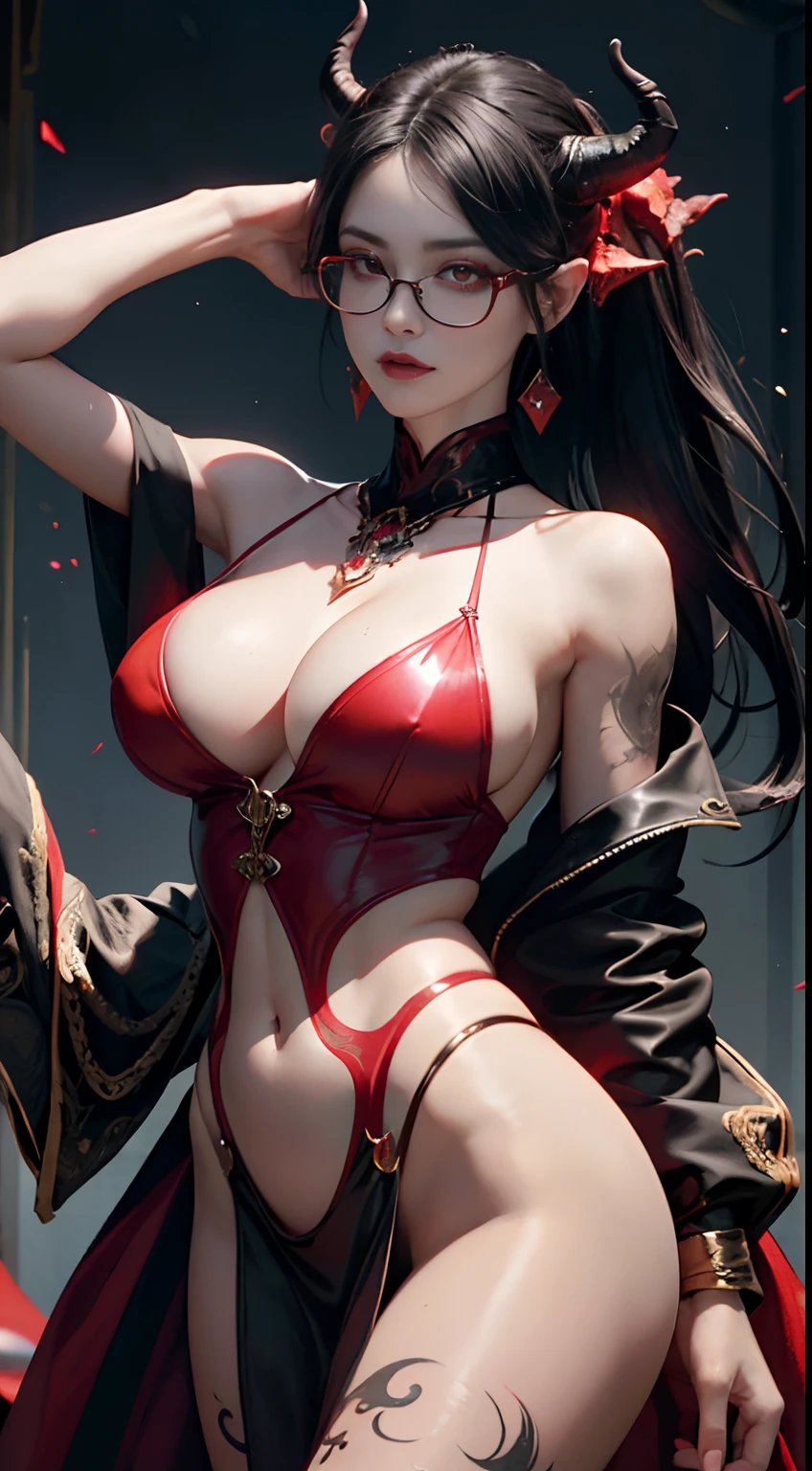 Fine、(The best illustrations)、8k UHD resolution、intricate-detail、top-quality、realisitic、ultra-detailliert、The best lighting、Best Shadows、Soft lighting、Ulutra HD、1 beautiful devil woman from hell, surreal female portraits by David Hockney and Alphonse Mucha, Fantasy Art, Chinese Doll、Dungeon and Dragon、Devil's Palace、Devil's Torture Chamber、magia、 A Necromancer、natta、Dark style、Succubus、Devil's Daughter、Bat Wings，(((Demon Horns)))、 ((((Huge glasses, Otaku Glasses, thick glasses, Round glasses)))),、(((Colossal tits)))、(Devil's Tail)、(red eyes glowing:1.6)、 intricate tattoos, demonic intricate tattoos, thigh tattoos, body tattoos, ​masterpiece、beautiful countenance、a baby face、Muscular seductive body、The enchanting body of the devil、Seductive Black Magic Costume、A shiny red snake is wrapped around her hand、Tindall Effect、photos realistic、(High Detail Skins:1.2)、 (Intricate details, makeup, pureerosface_v1:0.5), (Detailed beautiful delicate face, Detailed beautiful delicate eyes, A perfectly proportioned face, High detailed skin, Detailed skin, best ratio four finger and one thumb, arms below breasts, Tattoo with a red glow under the stomach、Awesome awesome, wide hips, smooth midriff, skiny and thin, __Fashion__, __hair__:1.25)、Digital SLR、hightquality、a picture、hight resolution、 absurderes、Ponytail distortion、1人、Red sparkling gemstone necklace、jewely、Beautiful expression、Body Up、Large breasts emphasis、Toned waist、Wide buttocks、Devil's Tail、intricate tattoos, demonic intricate tattoos, thigh tattoos, body tattoos, effect、Photorealsitic、(High Detail Skins:1.2)、In the Dark, lowkey, cowboy lens, (Black Phoenix Dress: 1.0), Seductive Black Magic Costume、Long hair, Black hair, Bust, Devil's Palace, devil crown, red eyes make up very sharp and detailed, The most beautiful face, Super tight breasts, Breast augmentation surgery, The breasts are very big and round and round, Black magic costume、Super realistic , Charming smile,a baby face、 The eyes are very well made up, ((Red Eye:1.0)), guw