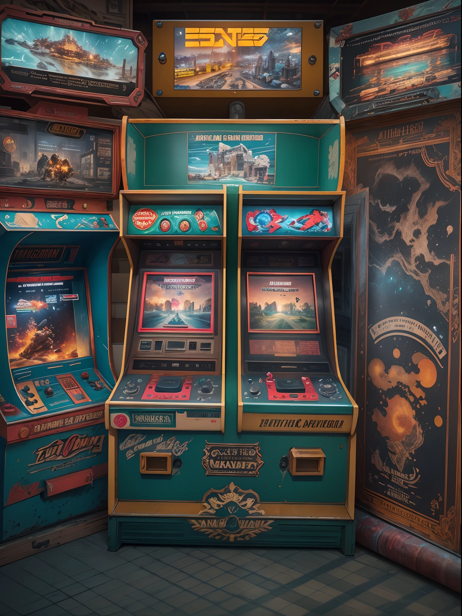 photore (Arcade machines from the 1970s), (Arcade consoles: 1.3), (A game hall in a small Chinese town in the 1970s), 1978 shooting masterpiece《SPACE INVADERS(Space Invaders)》, Retro, Nostalgic,,Game scene graph,Antique,Rustic,historic,retrowave,circuit,Etched tiles,rendering by octane,archviz/building rendering,corona rendered,UE5,High detail,hyper qualit,8K high resolution,16k,Bruno Barbe,crosshatching,Masterpiece,Portrait of Fayoum,,Photorealism,Non-fiction,Visual exaggeration, Retro,Antique,Assembly ,Light painting,Installation art,Cityscape,cinema shot,Mood lighting, --AR 3:4 - Style original - varnishing