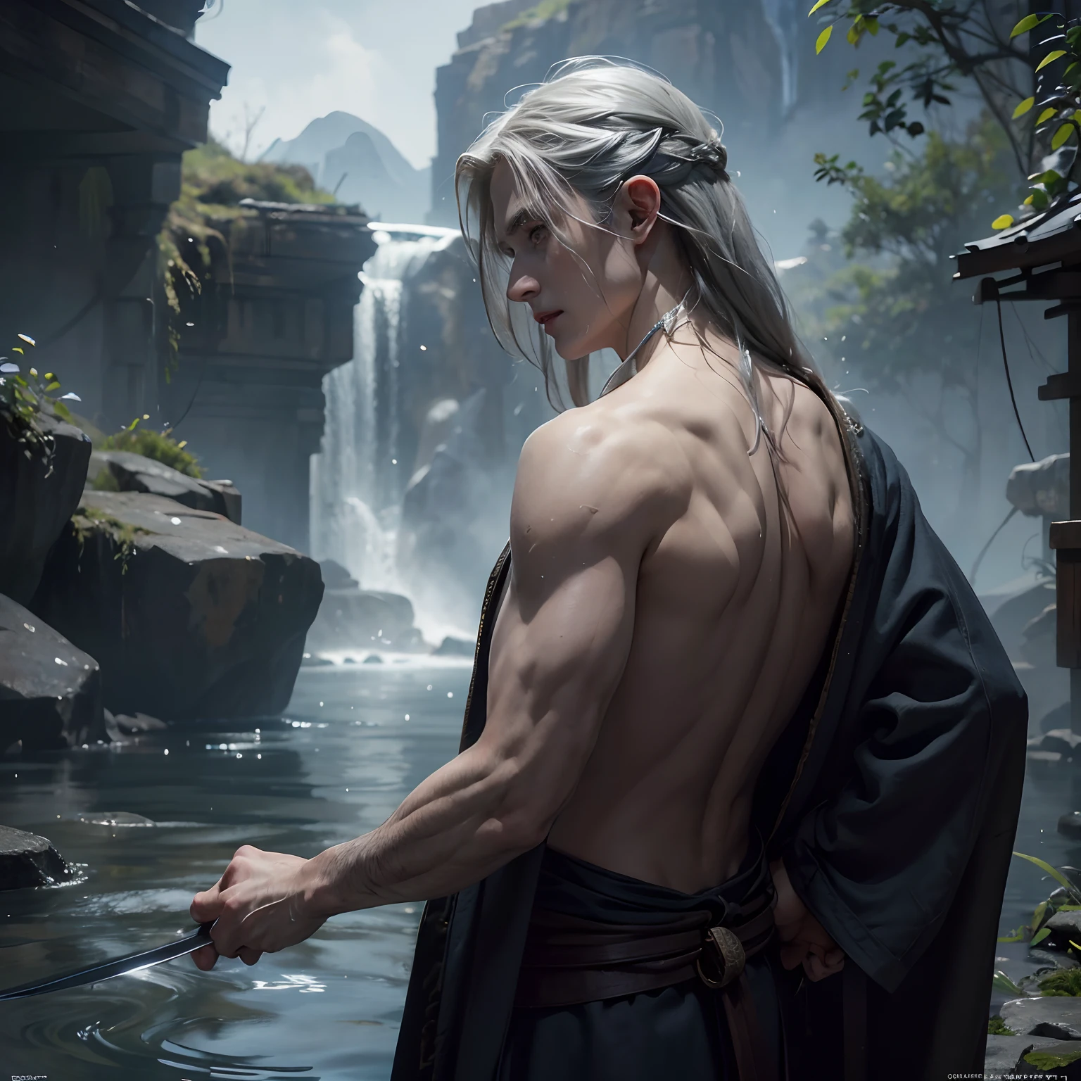 1man, 25 y/o, long white hair with back slit, man half naked, in hot spring, muscular, judge blue robe, handsome young gentleman, Legolas, Leon Scott Kennedy, Mads Mikkelsen, intricate, solo focus, realistic, dynamic pose realistic, detailed and correct facial structure, handsome, attractive, slightly muscular, cinematic lighting, unreal engine, trending on ArtStation, intricate details, masterpiece, best quality, by Irakli Nadar, Greg Rutkowski,(((best quality))),(((ultra detailed))),(((masterpiece)))