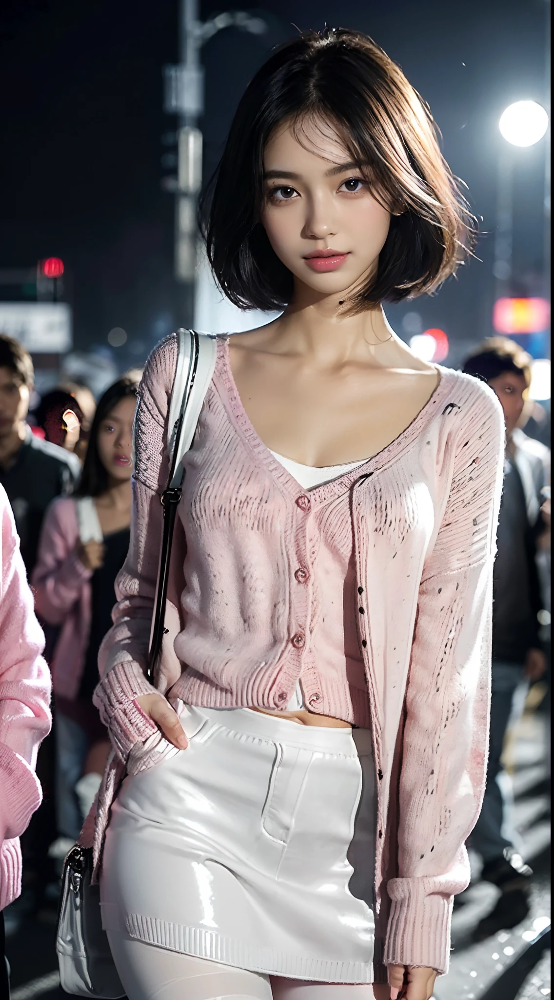 (Highest quality、超High resolution、 Tabletop, Mid-length hair, Moisturized eyes down to the finest detail, Textured skin, Highest quality, figure, Super detailed, In detail, High resolution, In 8K, wallpaper, Perfect dynamic composition, Beautiful attention to detail, Natural Lip, Medium chest:1.2, Cleavage, Random sexy poses, (Short sleeve pink knit、Two Piece、Belly button)、Rain-soaked street corner