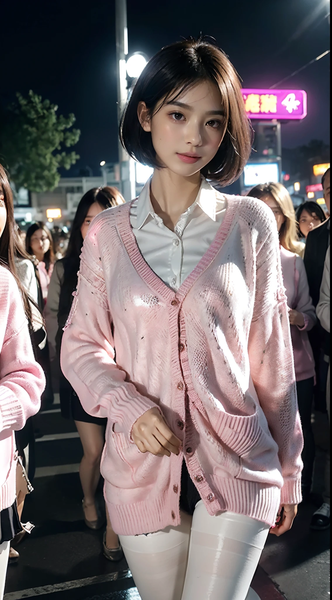 (shoulder length straight short black hair: 1.3), （Extremely meticulous CG 8k wallpaper),16k,(Extremely refined and beautiful），（Masterpiece），（best qualtiy：1.0），（Ultra High Resolution：1.0），beautiful light up，Perfect lightning，realistic shaded，[A high resolution],(Smooth and flawless fair skin:1.5),(shiny skin:1.5),Extremely exquisite facial details,(perfect body：1.1),ultra - detailed,A beautiful girl,small head,(Small breasts:1.1),Flat chests，slim，thin，Smile，cheerfulness,(Pink cardigan sweater:1.5),(white collared shirt:1.3),(black pantyhose:1.4),(black sneakers:1.2),slender legs,(nightfall:1.5),Sunset light,(Surrounded by a crowded crowd:1.5),At the school gate,standing,from front,close-up of her upper body