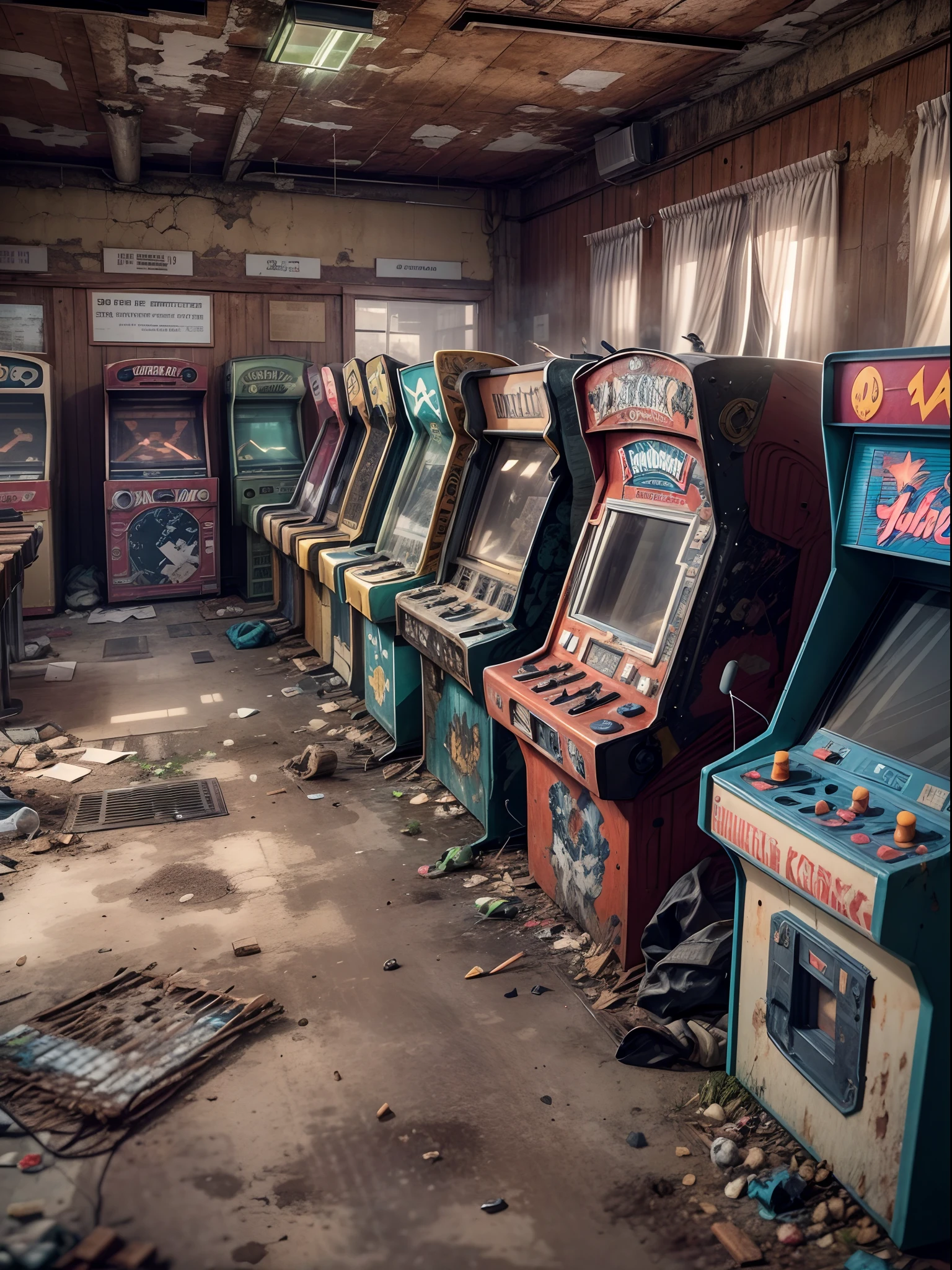 Photograph of (A row of dilapidated arcade machines are arranged in an empty house),(arcade: 1.3), small town game hall, dilapidated chairs with less chair legs and cigarette butts all over the floor. Melon Seed Skin, Garbage, Dirty, Tattered, Retro, Nostalgia, Post-Apocalyptic Play Zone,post apocalyptic,Game scene graph,Conductive Ink,Antique,Rustic,Historic,Retrowave,Circuit,Encaustic Tile,octane render,architectural visualisation/Architectural rendering,Corona Render,UE5,high detail,hyper quality,8Khigh resolution,16K,by Bruno Barbey,depth of field (dof),cinematic shot,mood lighting, --style raw --uplight