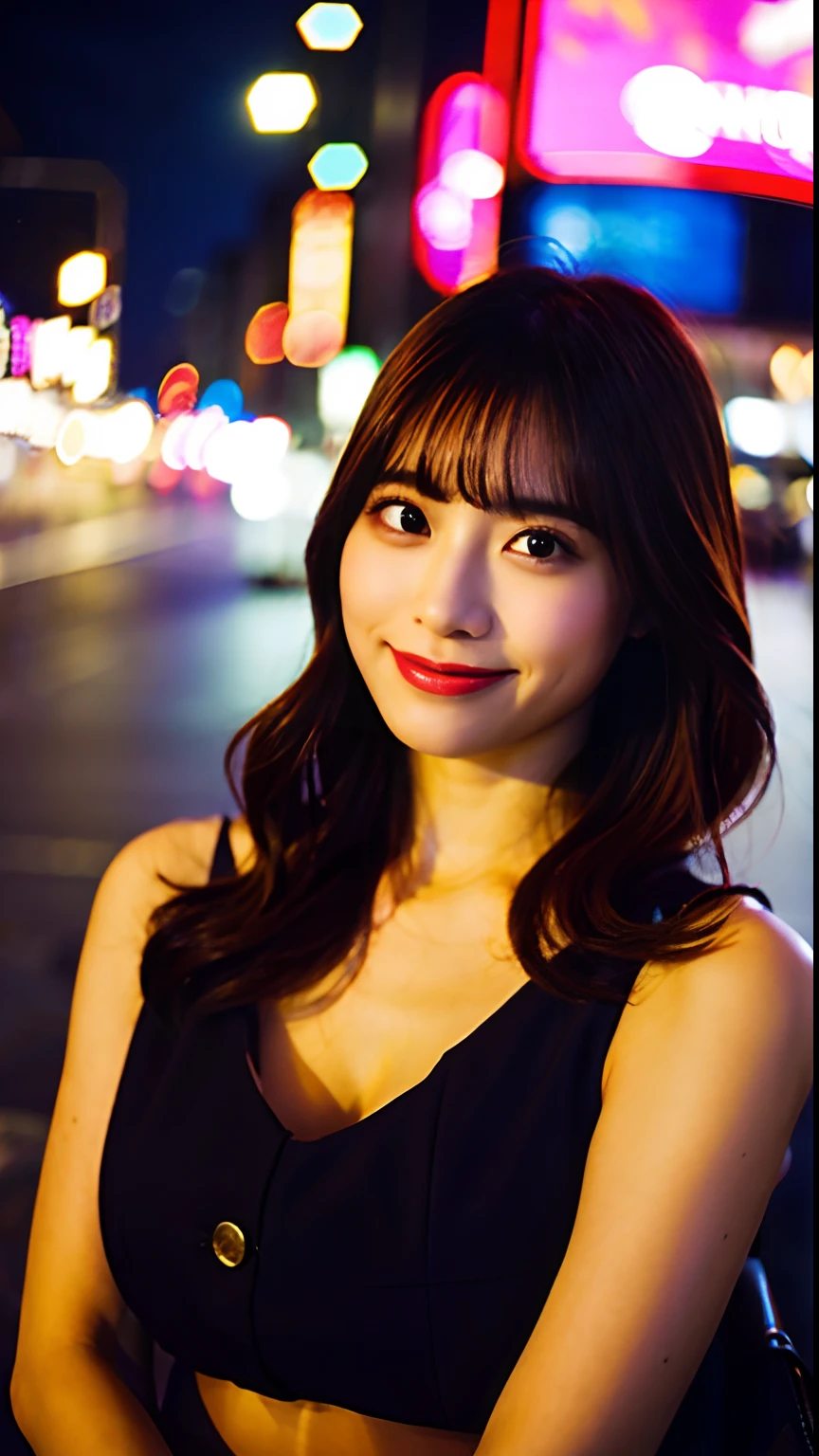 top-quality、One Beautiful Girl、nightcity、doress、Colossal tits,35mm lens,Cowboy Shot、smil