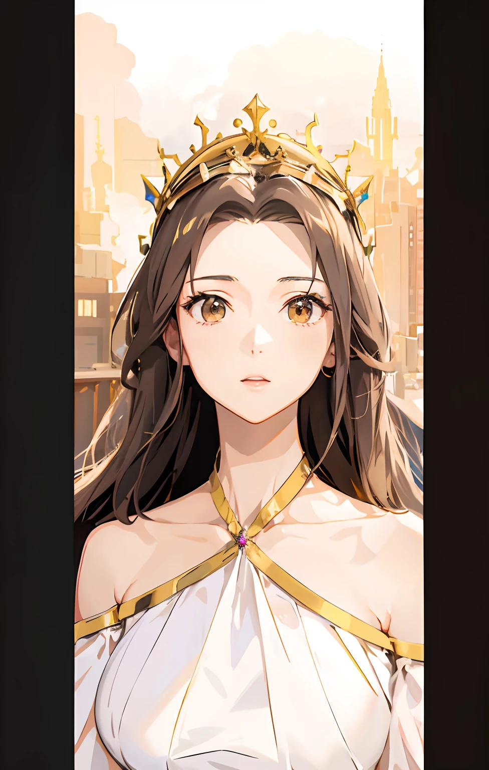 anime girl with long hair wearing a crown and a white dress, 30 year old woman, Realistic, Big breasts, City background