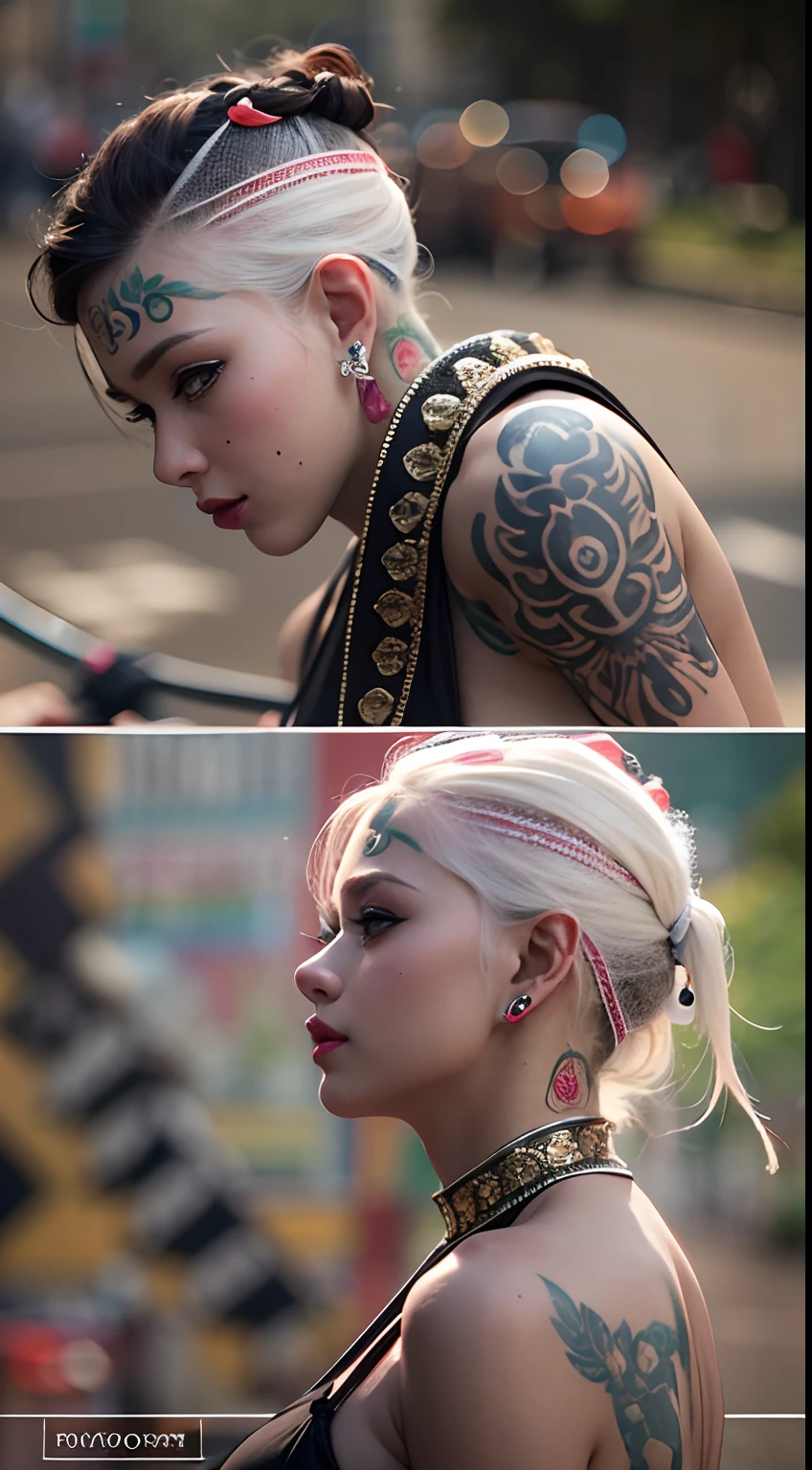 The prompts for the first theme are as follows::
"(best quality, 8k, 32k, masutepiece:1.3), ultra-detalhado, (fotorrealista:1.4), cores brancas, Albino, Garota Punk, Olhos detalhados, parte superior do corpo, Cabelo punk luxuoso, moda punk ousada, Maquiagem vanguardista, Numerosos piercings, Corpo fortemente tatuado, rua Fundo, Efeito de luz de fundo, profundidade de campo rasa, blurry background"
