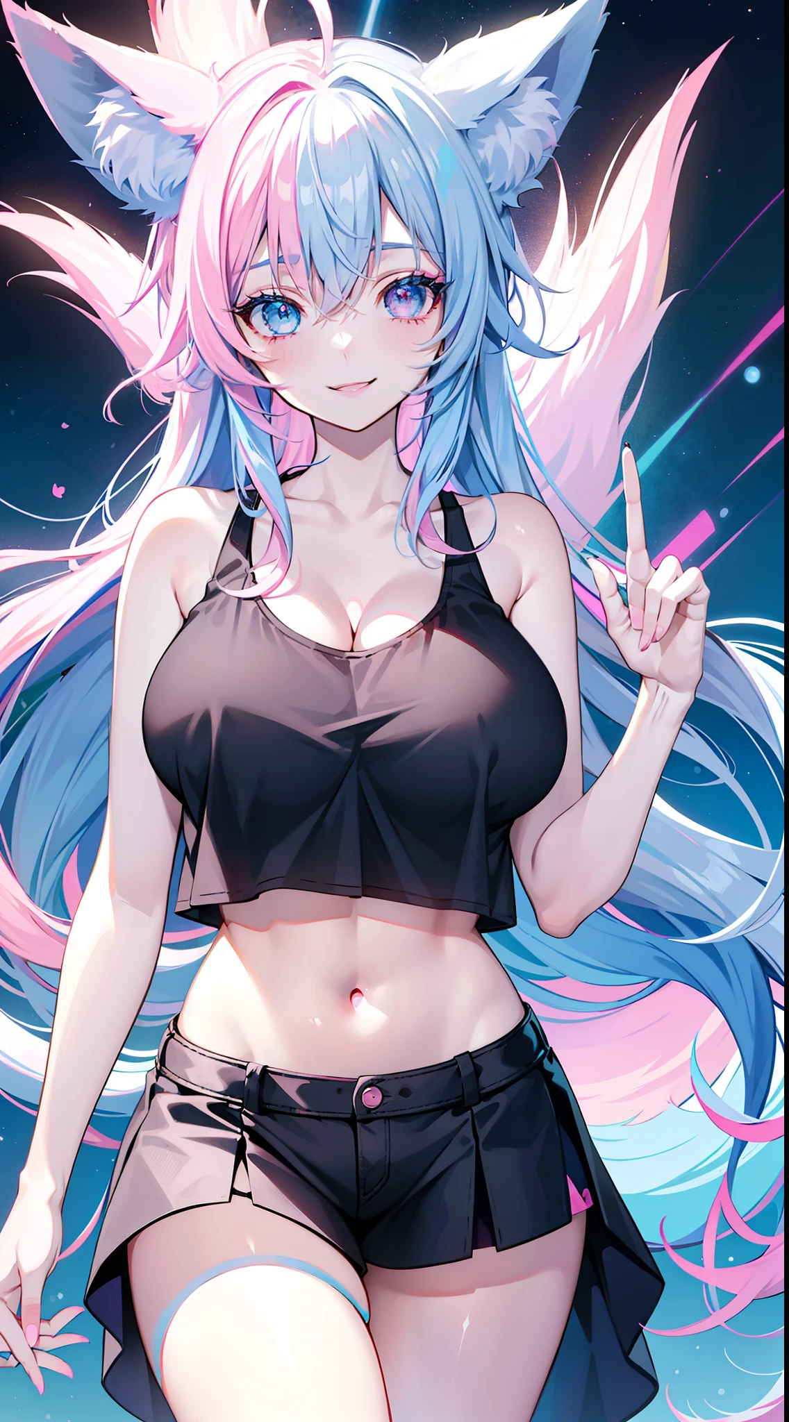 Grown-up girl, Fox ears, Fox tails, Long blue hair with pink tips, Heterochromia, The left eye is blue, Right Eye Pink, blue eye shadow, pink lipstick, black tank top, Upskirt, open belly, pop-idol, Huge-breasts, Smile, Masterpiece, hiquality, 4k, HD, Good detail