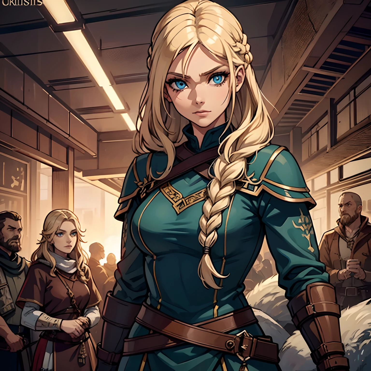 Physical description:
Astrid is a tall, rugged Viking, com aproximadamente 1,80 metros de altura. She possesses long braided blonde hair that falls down to her back and piercing blue eyes that contrast with her sun-tanned skin. Ela tem cicatrizes de batalhas no rosto, Proving Your Courage and Experience.
Vestimenta:
Astrid usa um traje de combate viking tradicional, composto por uma cota de malha de metal que cobre seu corpo e protege seu peito e costas. Sobre a cota de malha, She wears a brown leather tunic adorned with runes and Viking symbols. Their leather boots are sturdy, Ideal for tackling difficult terrain. Ela carrega uma espada longa e afiada e um machado de batalha em sua cintura, provando ser uma guerreira habilidosa.
Personalidade:
Astrid is fearless and determined, Being a respected leader in her clan. She is loyal to her fellow Vikings and fiercely protective of her community. Despite its imposing appearance, She also possesses a kind and compassionate side, especially with children and the weakest.