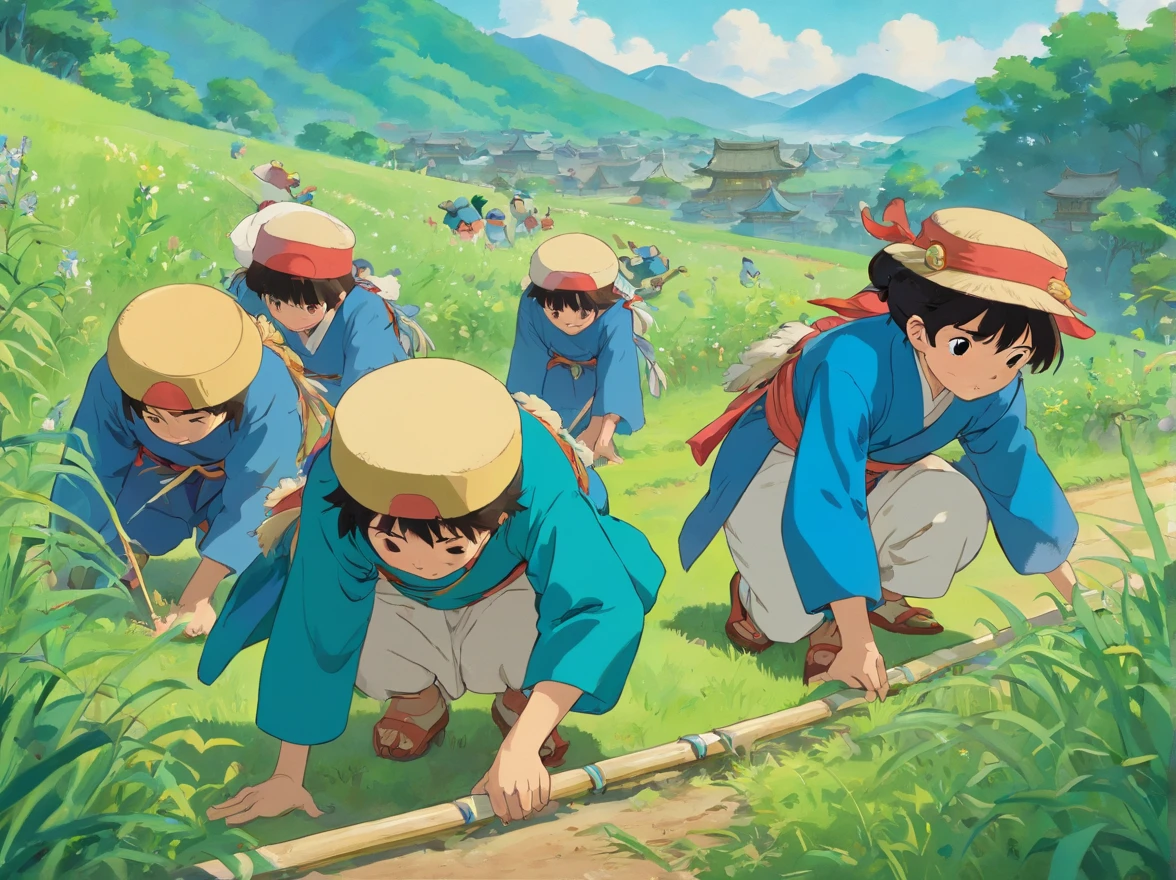 A group of Zhuang people bent over the field to catch frogs,There was a boy in a blue Zhuang costume,People on the road beat copper drums for them,Raise the bunting,A lively sight