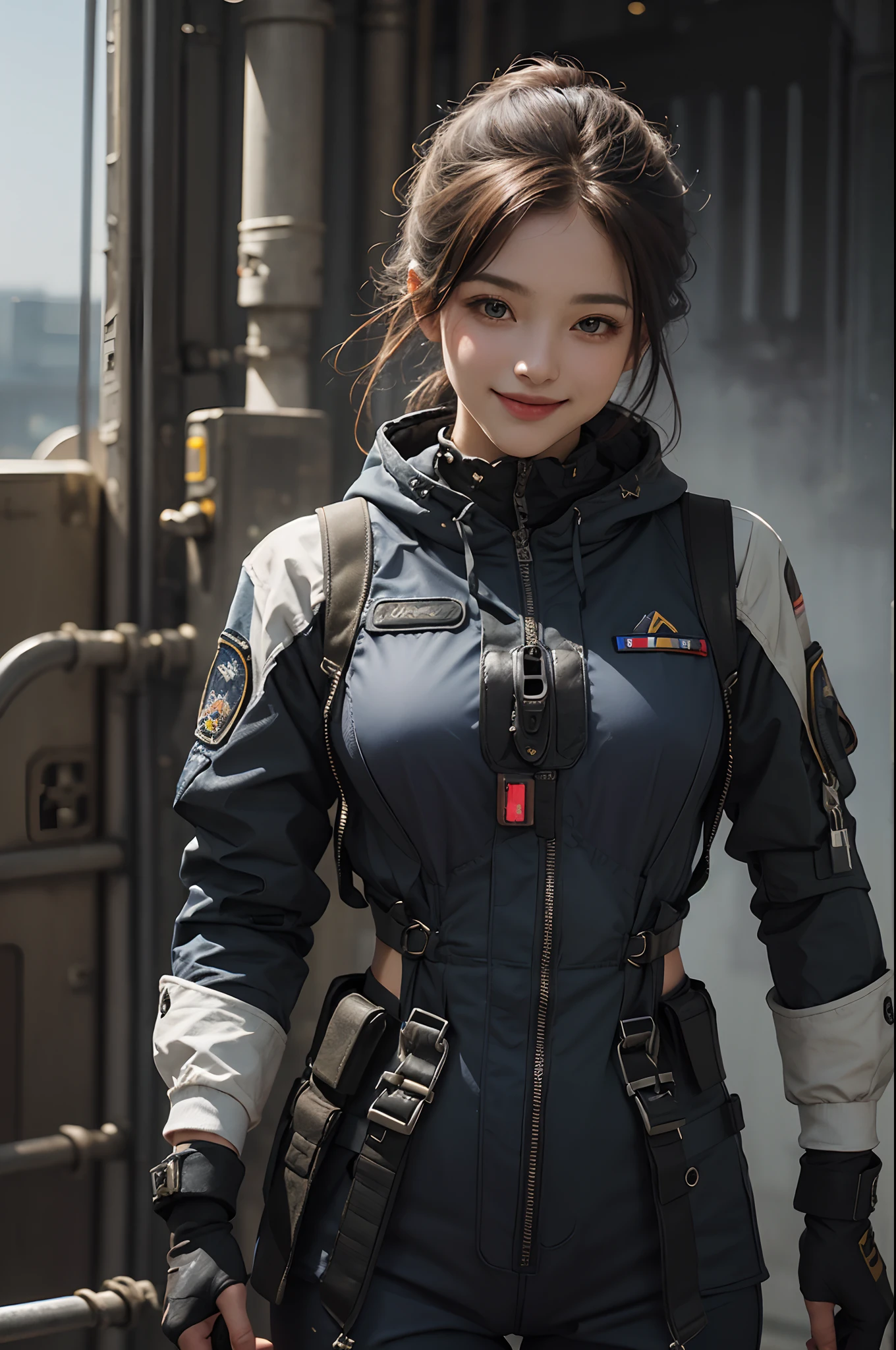 (Highest image quality, outstanding details, ultra-high resolution), 1 girl, (wearing futuristic military outfit), (glamour body:1.2, buffed and muscular body), (a bit chubby:0.5), (military outfit inspired by mechanic designs and space suit, military harness, military gears such as pouches), background military base, kind smile, dynamic pose, dramatic lighting,