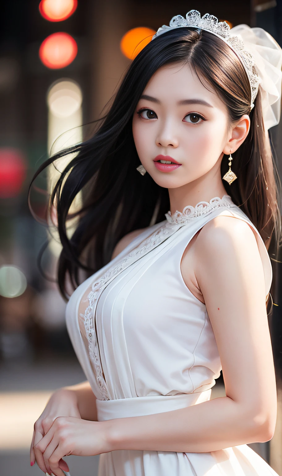 (8K, RAW Photos, Best Quality, High resolution: 1.1), (Surreal: 1.4), (Realistic, Realistic: 1.3), Soft light, girl, Realistic face, Realistic body, Realistic skin, Absurd, masutepiece, (Cute: 1.8), Cute, Solo, (conservative dress: 1.2), Detailed black eyes, Innocent eyes, blush, cello, (White luxury long dress: 1.2), movie lights, film grains, Sparkling Jewelry, Diamonds, earrings, the ring, ((Medium Hair: 1.1)), ((Floating hair Nova frog style)), Cherry lips, head band, Hair Bow, Ponytail, viewer, Long hair, Open lips, Upper teeth, depth of fields, Blurred background, Eye focus, Bokeh, 年轻, 85mm lens, F/1.4, Professional Lighting, 年轻, Photon mapping, Radio City, Physically Based Rendering,